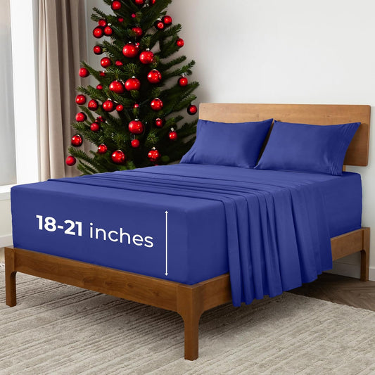 Mellanni Extra Deep Queen Sheets - 4 PC Iconic Collection Bedding - Hotel Luxury, Ultra Soft, Cooling Bed Sheets - Wrinkle, Fade, Stain Resistant (Queen, Royal Blue)