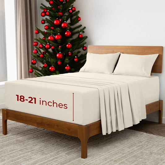 Mellanni Extra Deep Queen Sheets - 4 PC Iconic Collection Bedding - Hotel Luxury, Ultra Soft, Cooling Bed Sheets - Wrinkle, Fade, Stain Resistant (Queen, Golden Ivory)
