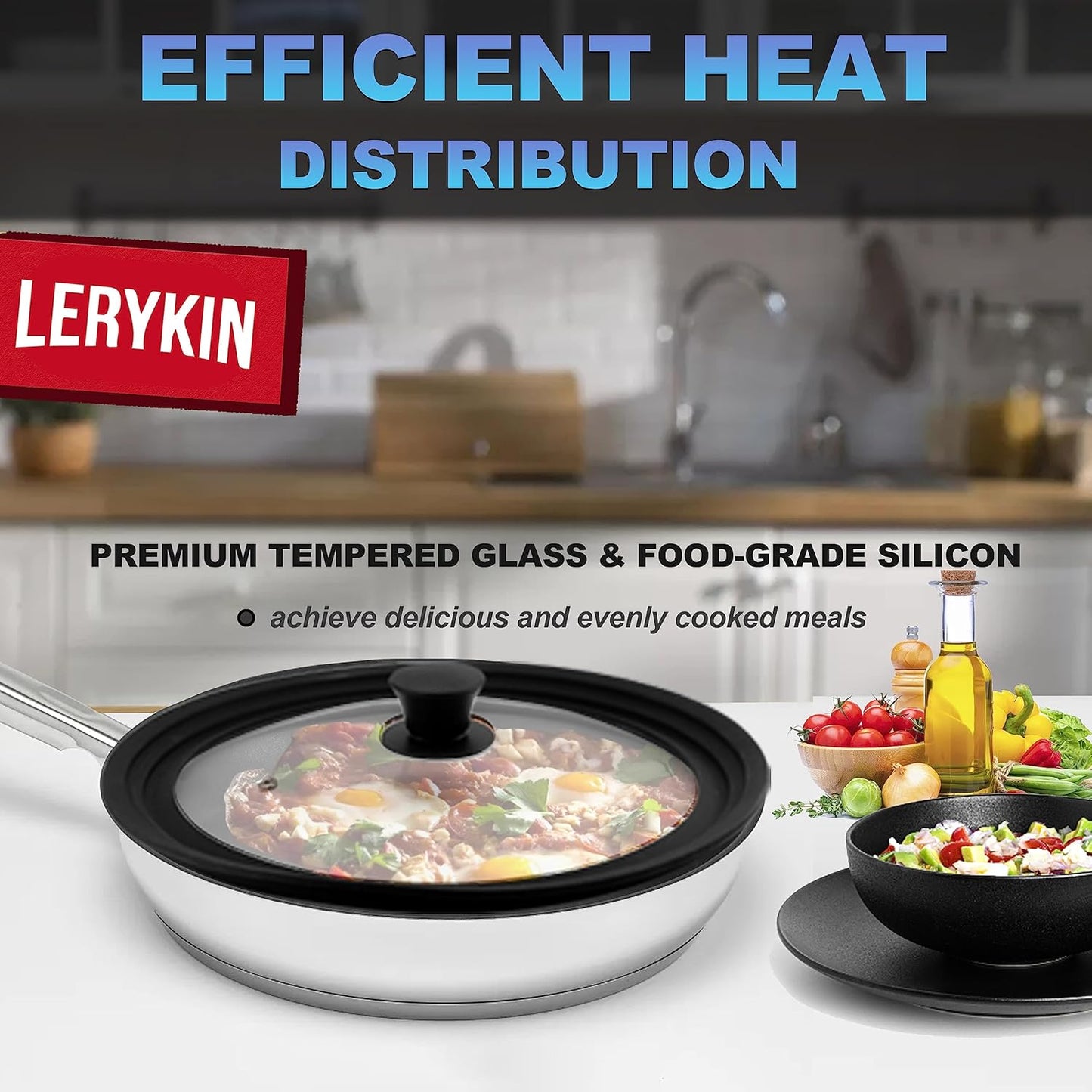 Tempered Glass Lid - Universal Lid with Heat Resistant Silicone Rim for Pots, Pans and Skillets - Pan Cover Replacement Lid Fits 8", 8.5" and 9.5" Diameter Cookware