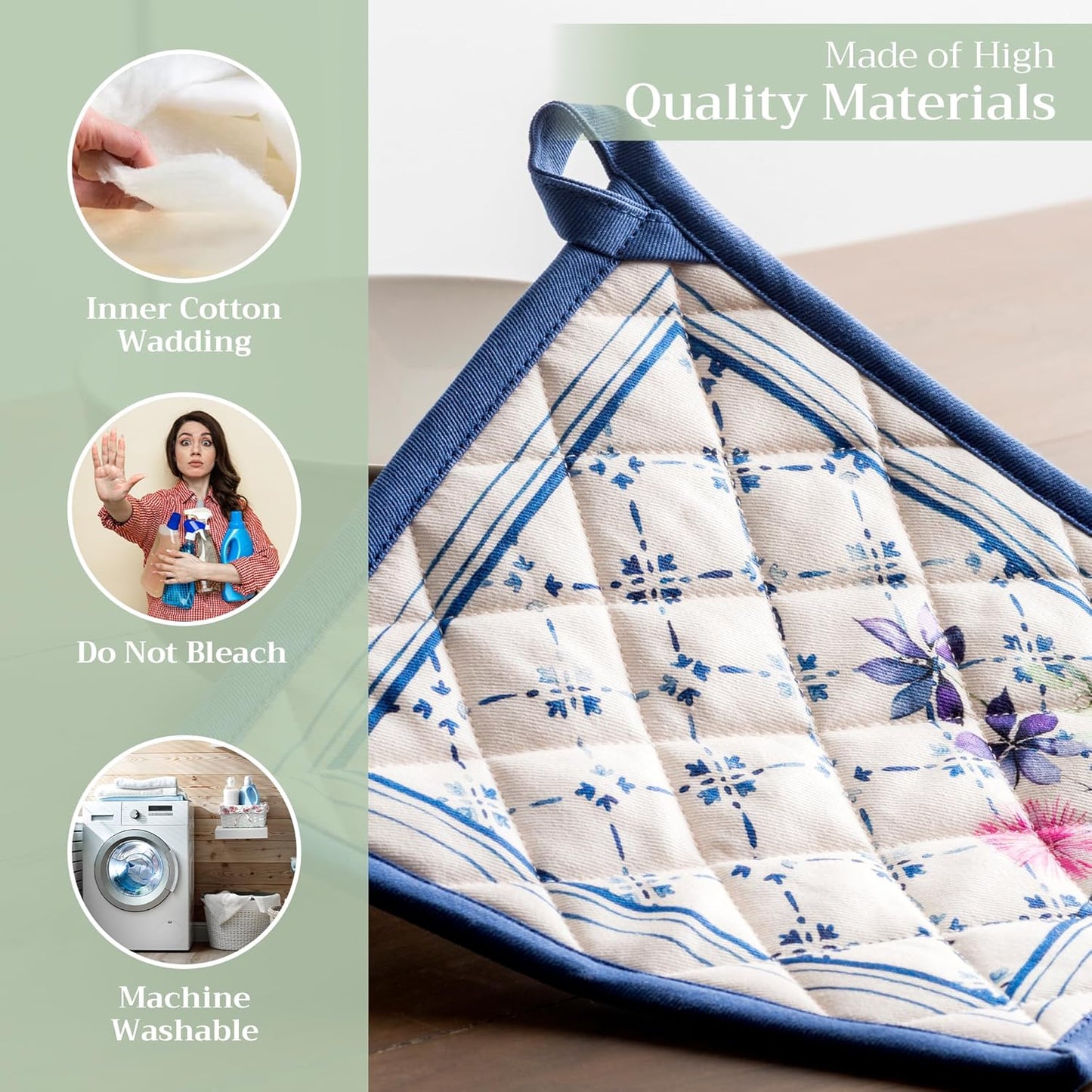 Maison d' Hermine Pot Holders 100% Cotton Heat Resistant Potholders 8" x 8" Hot Pads with Loop BBQ, Cooking, Baking, Grilling, Kitchen, Handling Hot Pans Spring/Summer (Pack of 1, Faience)
