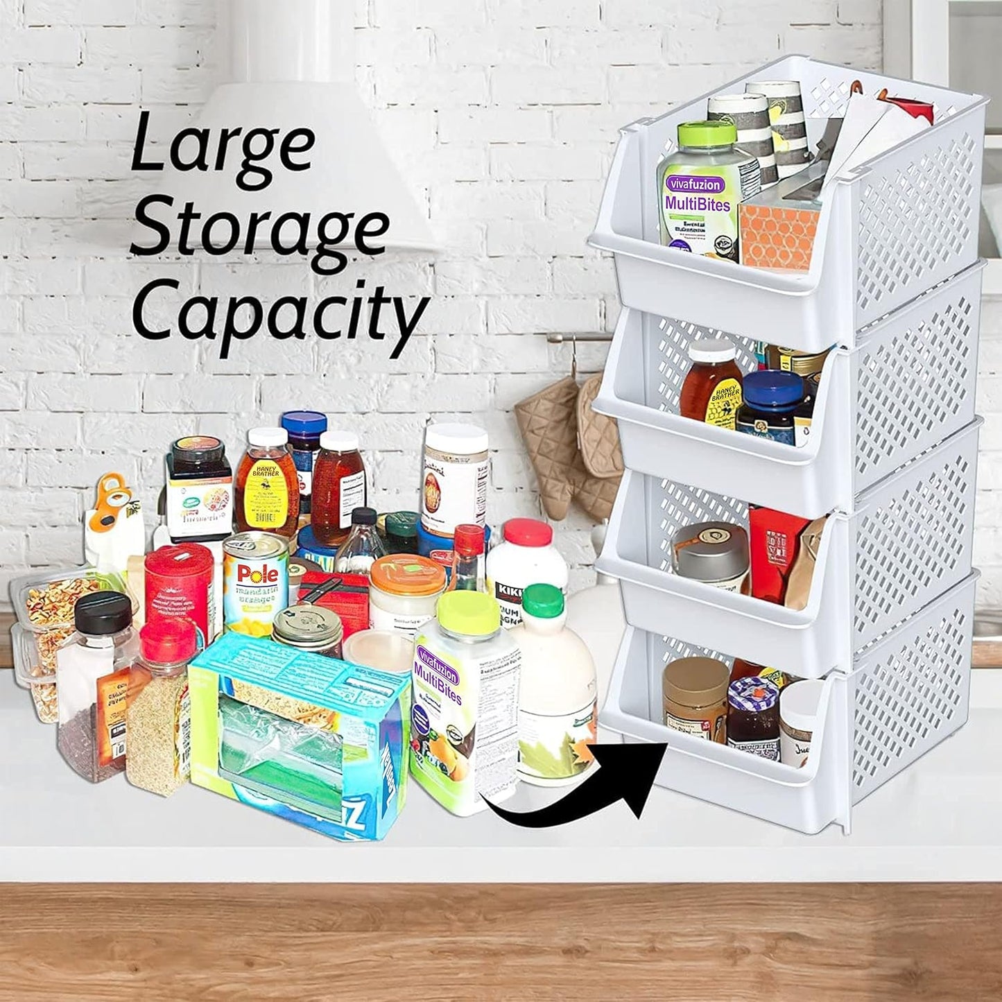 TidyFriend Stackable Storage Bins for Pantry, 4 Pack Stackable Bins For Organizing Food, Kitchen, and Bathroom Essentials (White)