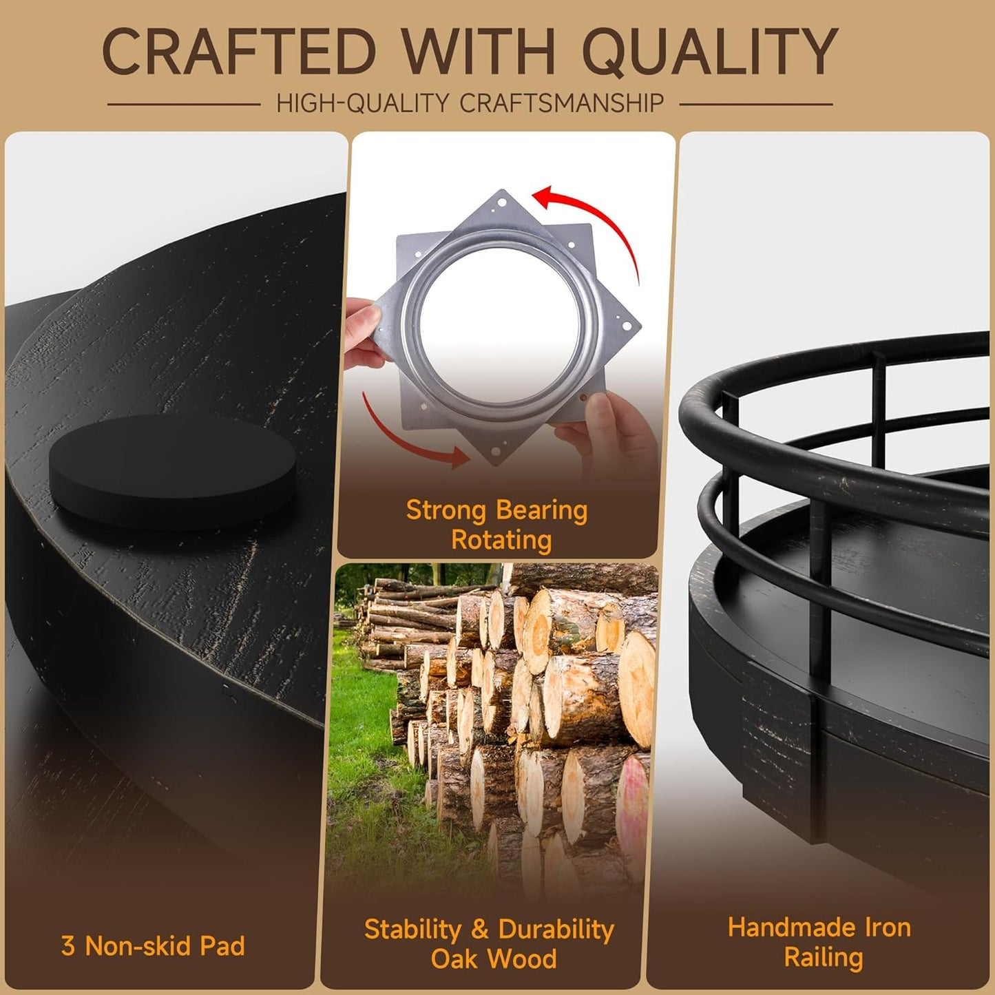 9" Oak Bathroom Vanity Tray Turntable for Perfume Candle, Round Wooden Decorative Tray for Kitchen Sink Countertop Organizer, Bathroom Counter Organizer for Skincare Makeup, Farmhouse Black Gold
