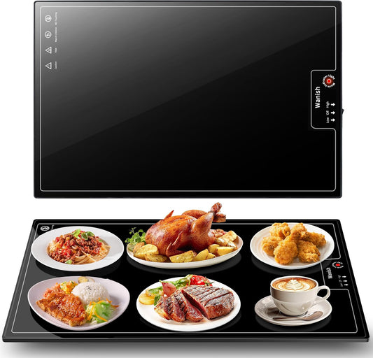 Electric Warming Tray（Large 22”x14”），Food Warmer with Thermostat and Full Surface Heating，Food Warming Mat with 2 Temperature Modes for Parties Buffet，Gatherings，Heat Resistant Glass，Black