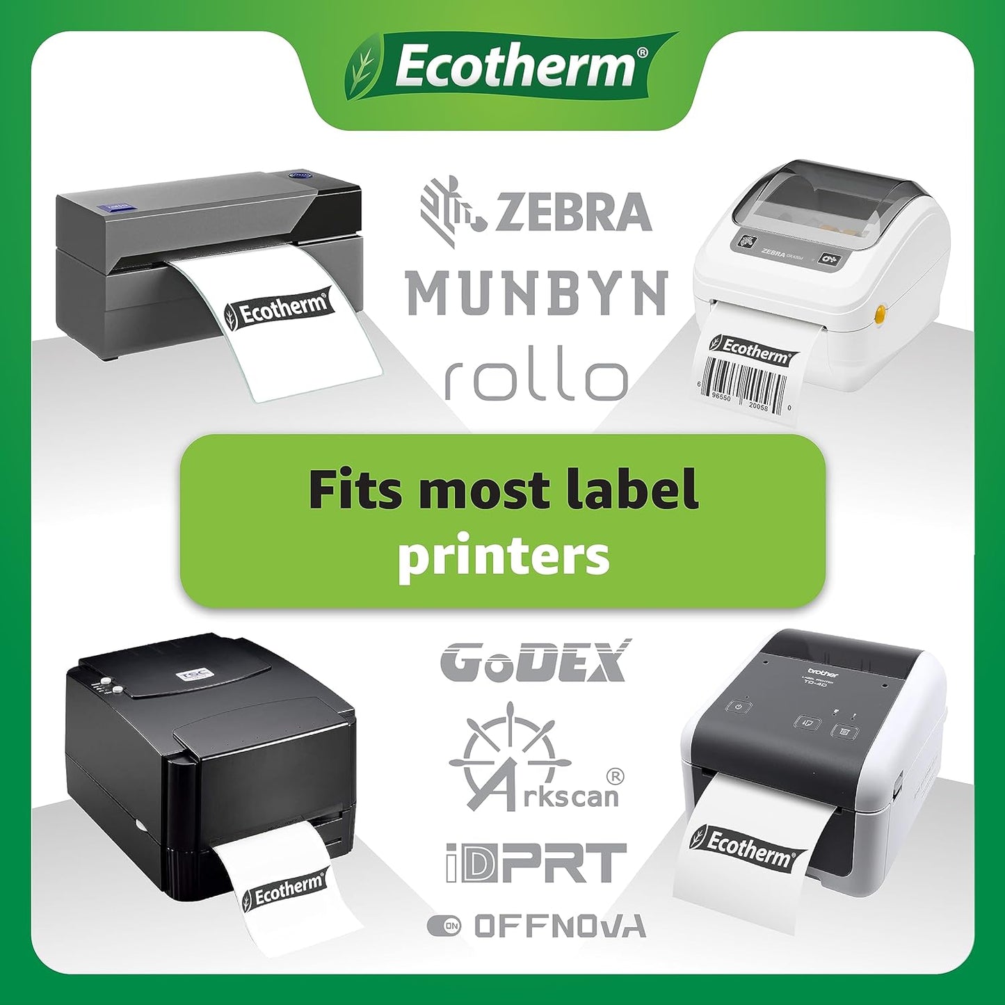 4" x 1.5" Thermal Labels | 6 Rolls | 10800 Labels | fits Zebra, Munbyn, Rollo, Godex, Arkscan, iDPRT, Offnova Thermal Label Printers and More | Blank White Adhesive Stickers by Ecotherm