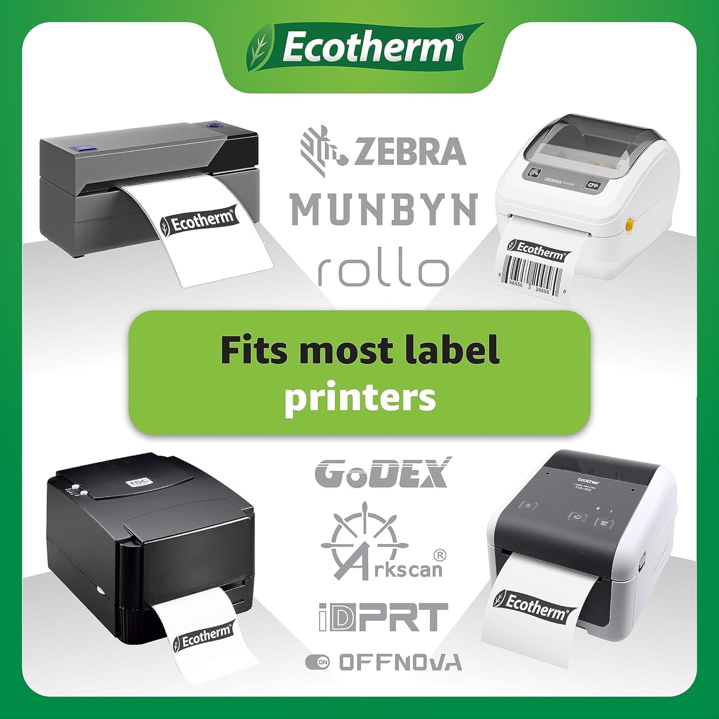 2.25" x 4" Thermal Labels | 6 Rolls | 4200 Labels | fits Zebra, Munbyn, Rollo, Godex, Arkscan, iDPRT, Offnova Thermal Label Printers and More | Blank White Adhesive Stickers by Ecotherm