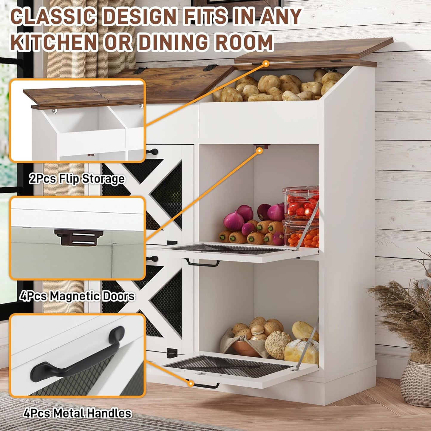 Large Wood Bread Box for Potato,Onion.Veggie Bin W/6 Large Storage Box.Root Vegetable Storage Box For Kitchen,Farmhouse Potato Storage Bin W/4 Mesh Doors,Bread Keeper for Toast,Bagel,Donut,Cookies