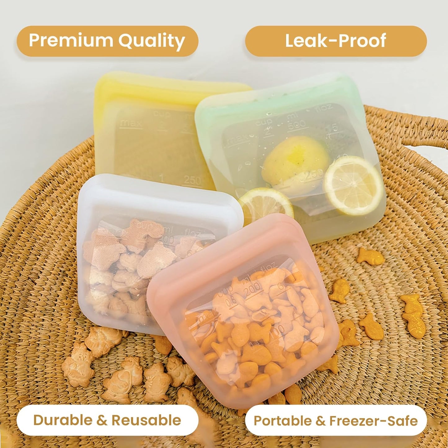purifyou Set of 5 Reusable Silicone Storage Snack Bags 6oz / 16oz / 32oz / 64oz Self-Seal Food Storage Container for Fruits, Vegetables, Sandwiches, Dishwasher Safe & Leak-free (CloudPink, 64oz)