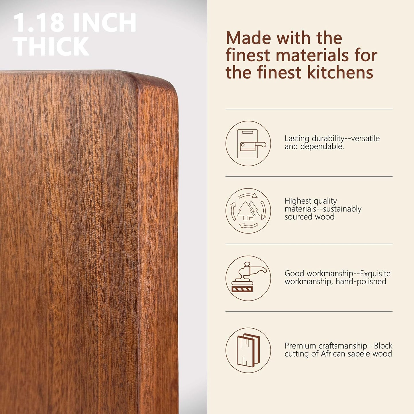 Real Solid Wood Cutting Board- Single Piece Wooden Cutting Board No Splicing&Glue, Sapele Wood Cutting Boards Of 15.7 * 11.8 * 1.2in Heavy Duty