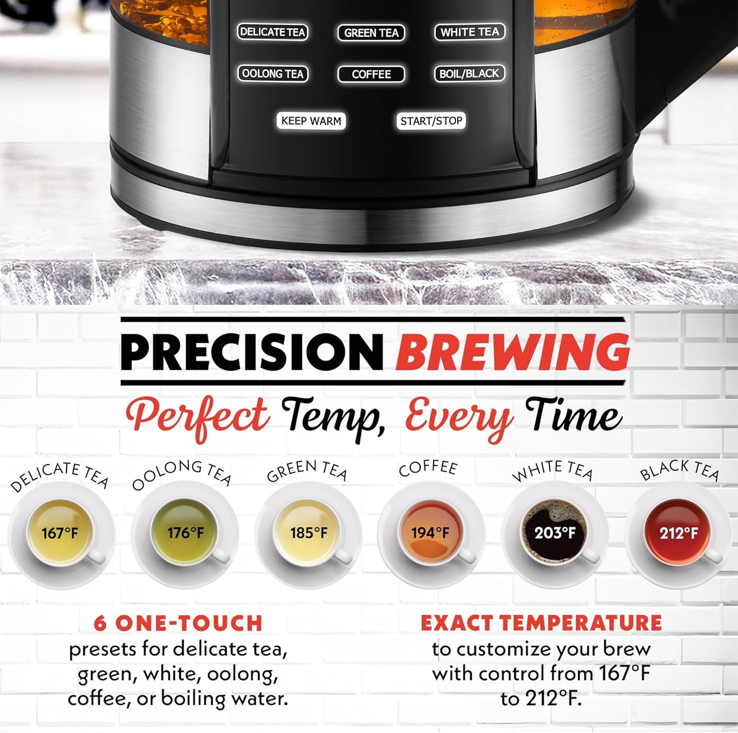 Gourmia Electric Programmable Glass Kettle – 1.7L Temperature Control Tea & Coffee Kettle with Digital Touch Display, 6 Presets, Keep Warm, Removable Stainless Steel Infuser, 360° Swivel Base – Peach