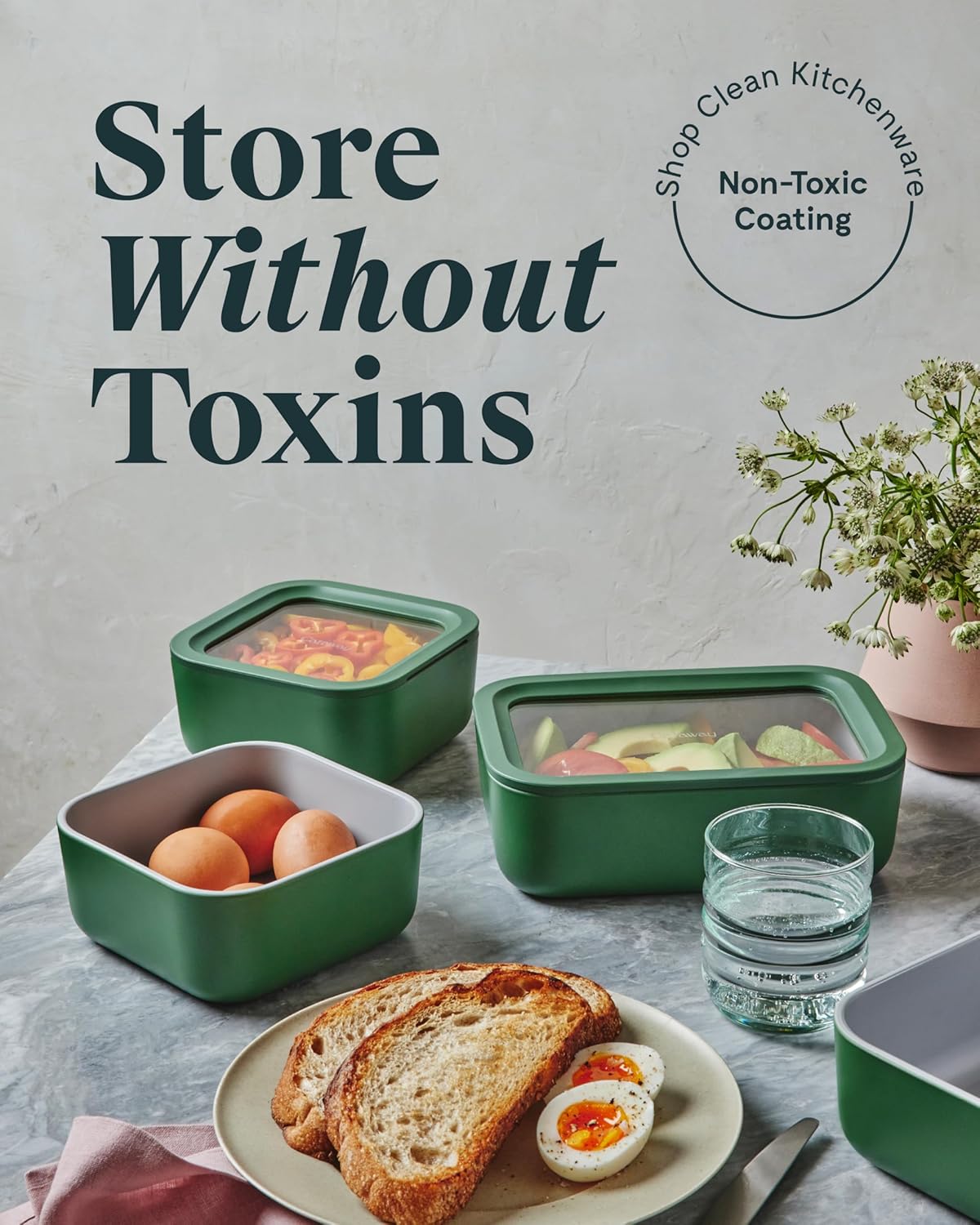 Caraway 2pc Glass Food Storage Set - 4.4 Cup Food Containers (2) - Ceramic Coated - Non Toxic, Non Stick Lunch with Lids - Dishwasher, Oven, & Microwave Safe - Sage