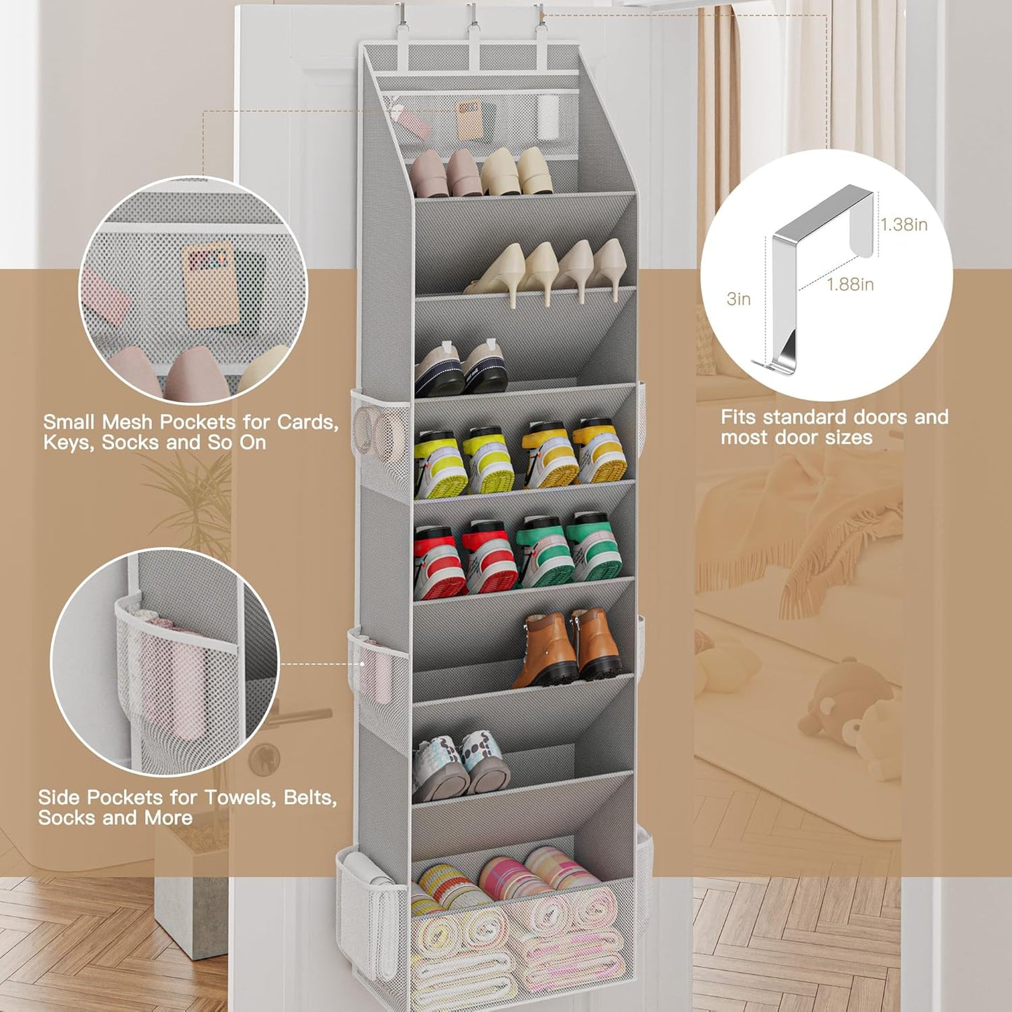 Criusia Shoe Organizer, Over the Door Shoe Organizer, Hanging Closet Shoe Storage with Large Deep Pockets, Fits 16–24 Pairs of Sneakers, Sandals, Boots, Gray