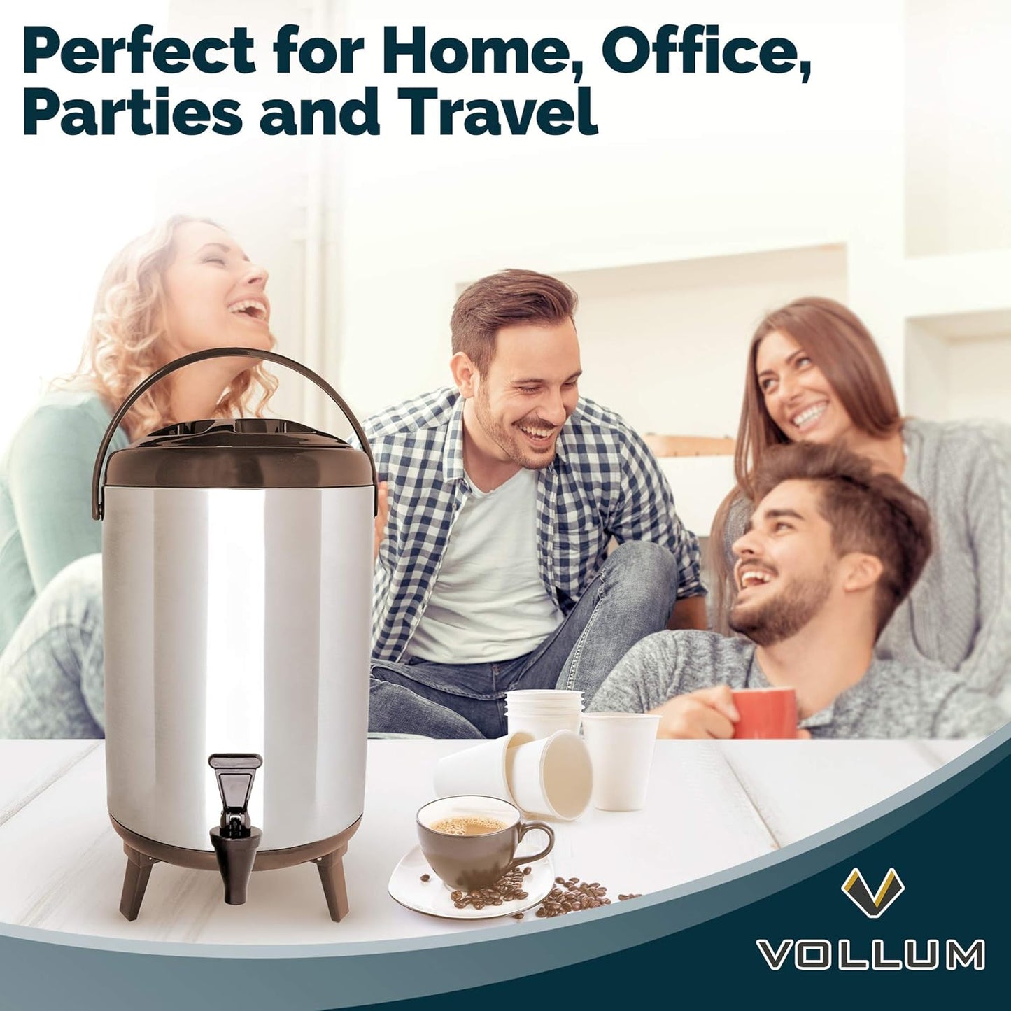 Stainless Steel Insulated Beverage Dispenser – Insulated Thermal Hot and Cold Coffee Carafe – 10 Liter Drink Dispenser with Spigot for Hot Water, Tea & Coffee, Cold Milk, Juice & More BROWN