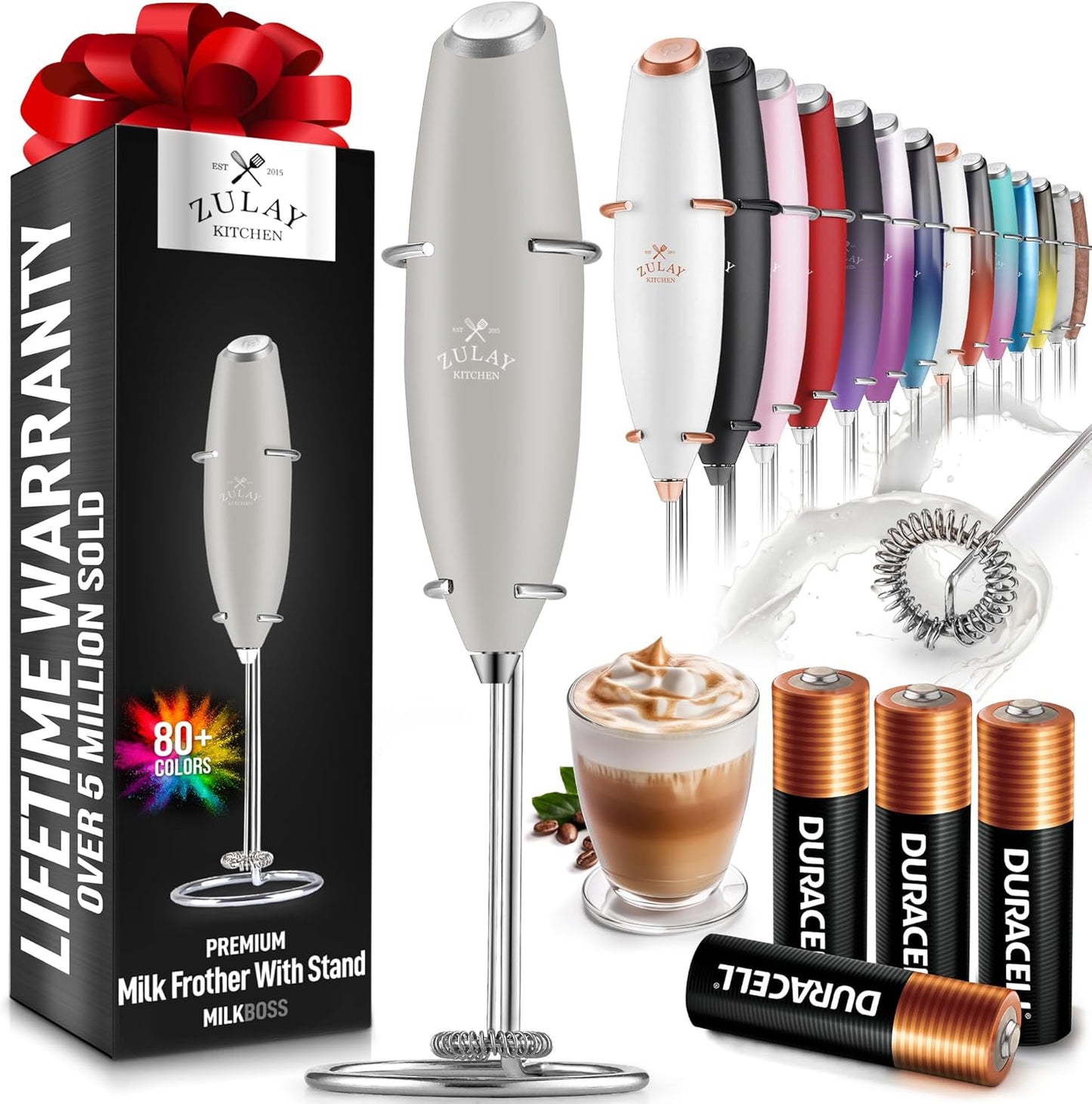 Zulay Kitchen Powerful Milk Frother Wand With 4 AA Duracell Batteries - Ultra Fast Handheld Drink Mixer - Electric Whisk Foam Maker for Coffee, Lattes, Cappuccino, Matcha & Creamer -