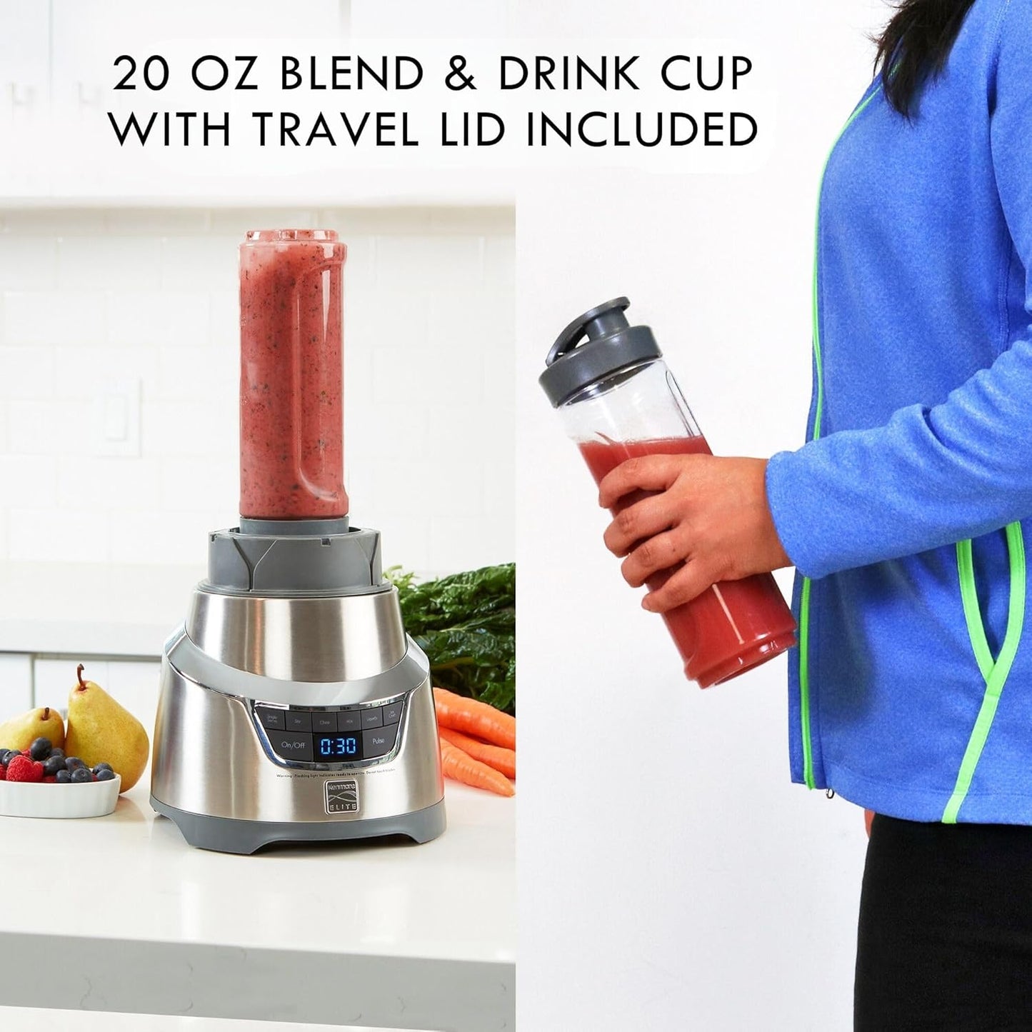 Kenmore Elite Countertop Blender - Electric Mixer, Frozen Smoothie, Shakes, Milkshake, Puree Maker, Licuadora Grinder Kitchen Appliance With Single-Serve Cup, Ice Crush, Pulse, Chop & Stir Function