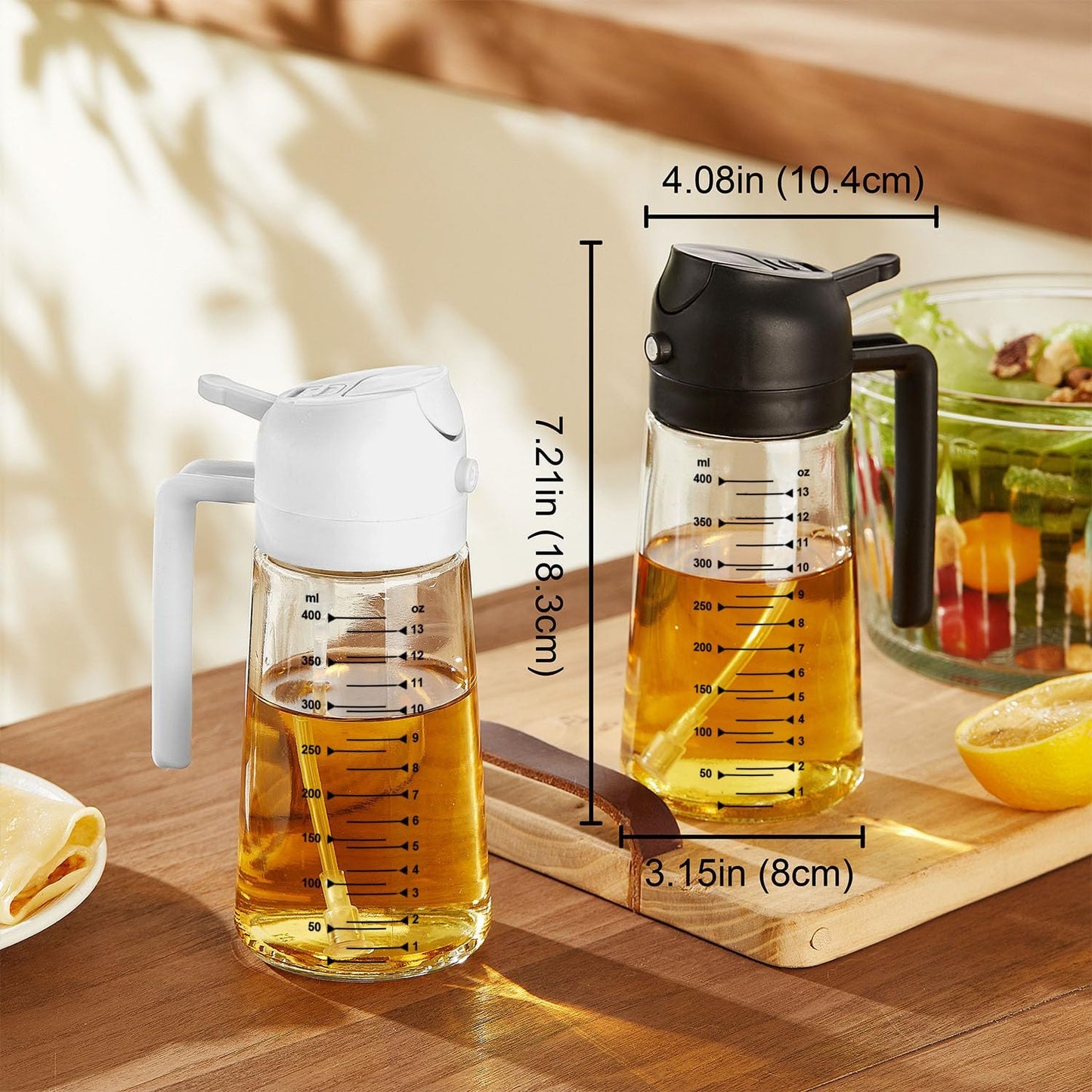 TrendPlain 16oz/470ml Glass Olive Oil Sprayer for Cooking – 2 in 1 Olive Oil Dispenser Bottle for Kitchen Gadgets and Air Fryer Accessories, Salad, BBQ - Black & Ash