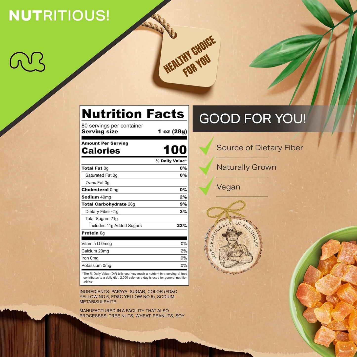 NUT CRAVINGS - Sun Dried Papaya Chunks, Lightly Sweetened (80oz, 5 LB) Bulk Dry Fruits Packed Fresh in Resealable Bag - Sweet Healthy Snack, Naturally Grown, Vegan, Kosher