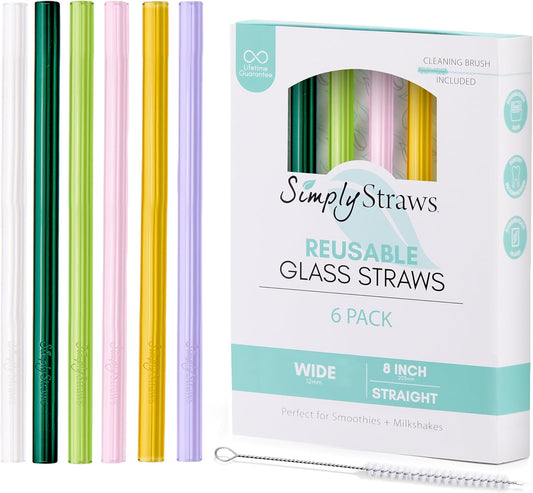 Simply Straws 8 Inch Wide Glass Straws (6-Pack) - 12mm Reusable Boba Straws for Milkshakes & Smoothies, with Cleaning Brush - Dishwasher Safe, Hot & Cold Use, BPA-Free (Meadow)