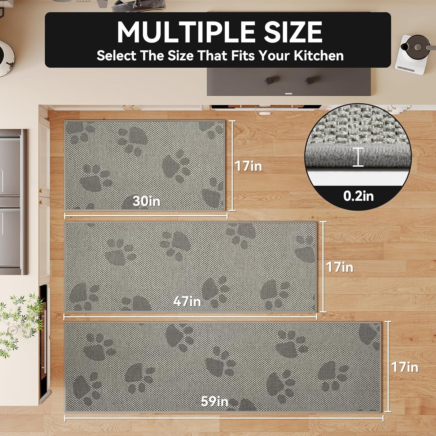 Kitchen Mats for Floor, Super Absorbent Kitchen Rugs Non Slip Washable, Rubber Backing Soft Woven Linen Embroidery Runner Rug, Standing Mat Kitchen Sink Mat, Easy to Clean, Gray 17x47