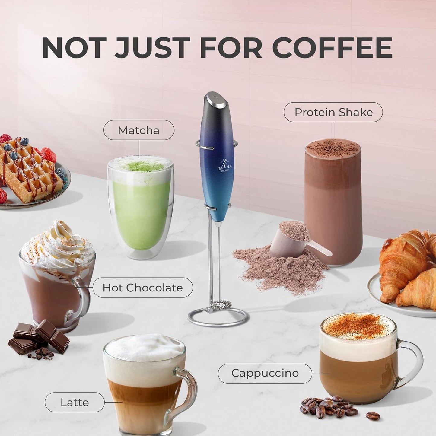 Zulay Kitchen Powerful Milk Frother Wand With 4 AA Duracell Batteries - Ultra Fast Handheld Drink Mixer - Electric Whisk Foam Maker for Coffee, Lattes, Cappuccino, Matcha & Creamer -
