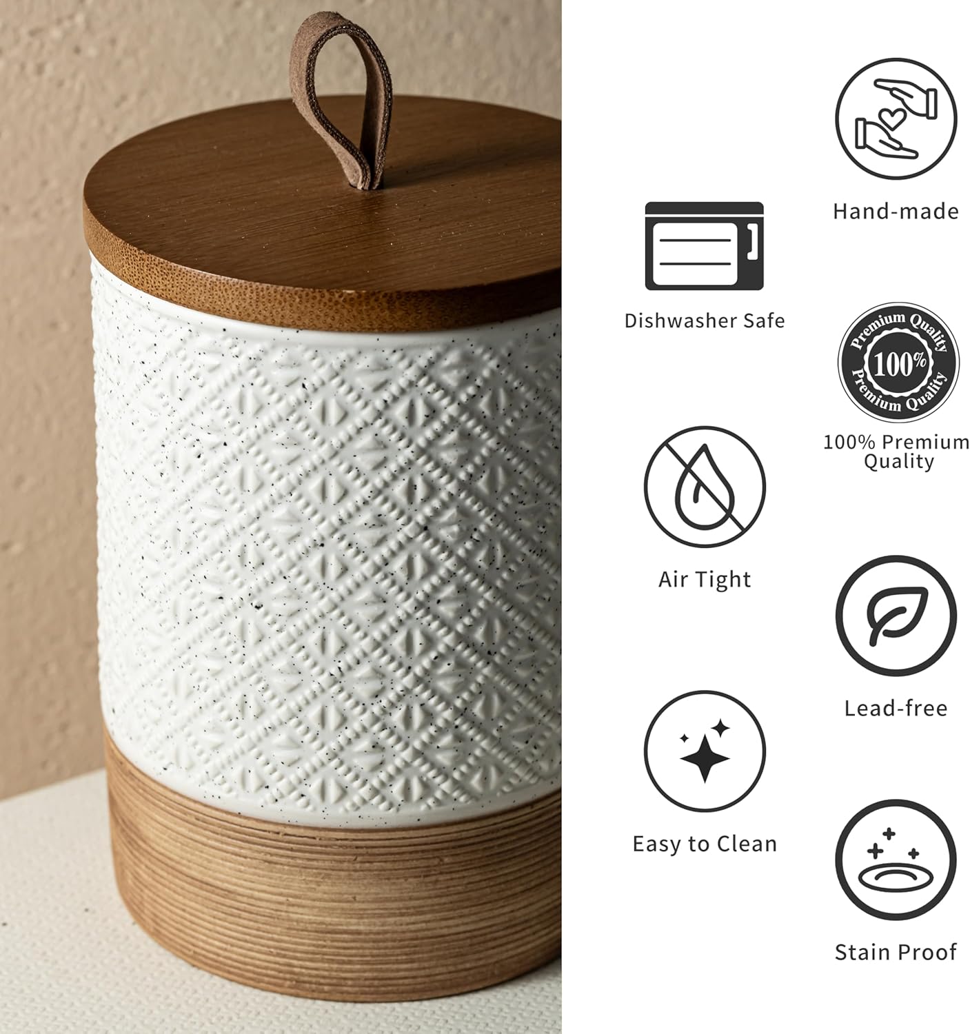 Ceramic Coffee Container Kitchen Food Storage Jars for Spice Sugar Tea Bag, Stackable Farmhouse Jars for Kitchen Pantry - Coffee Bar Accessories Housewarming Weeding Gift - White & 42 fl.oz