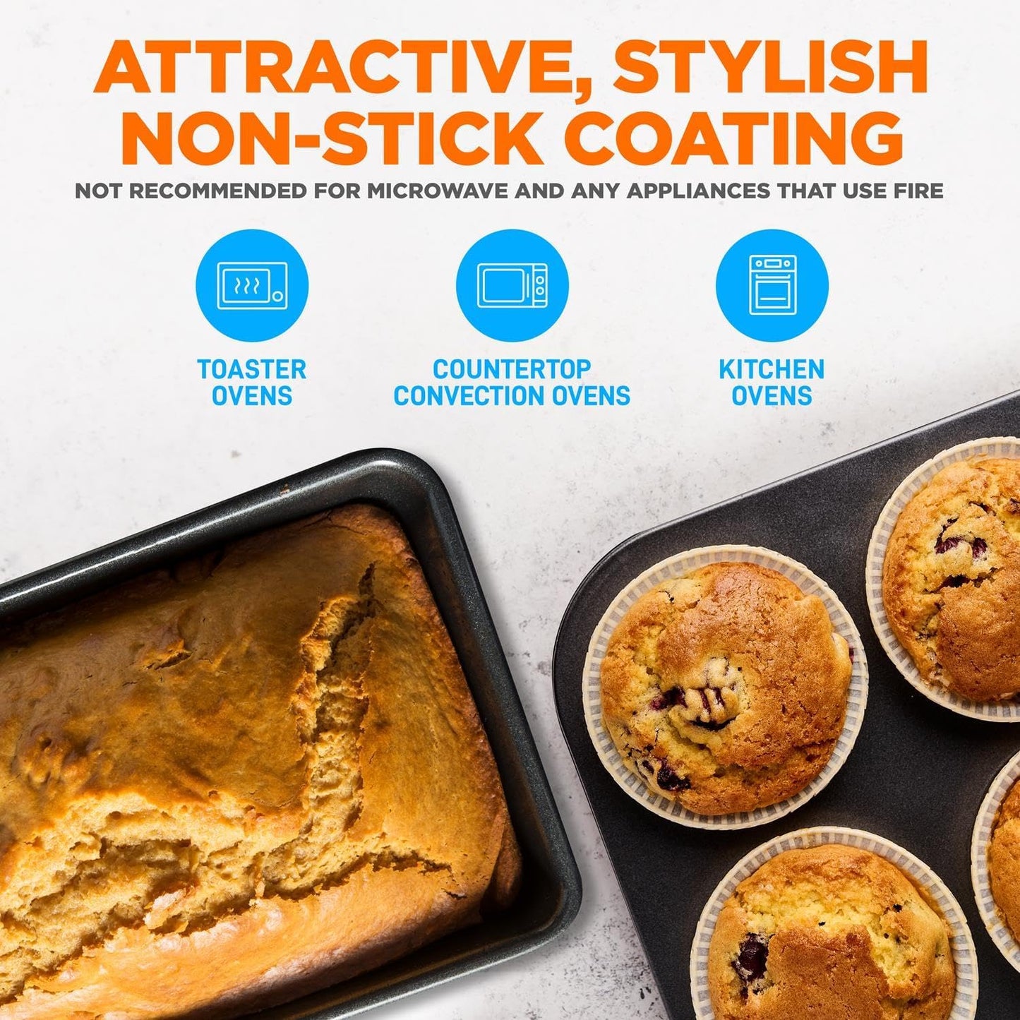 NutriChef 8-Piece Nonstick Stackable Bakeware Set - PFOA, PFOS, PTFE Free Baking Tray Set w/Non-Stick Coating, 450°F Oven Safe, Round Cake, Loaf, Muffin, Wide/Square Pans, Cookie Sheet (Gray)