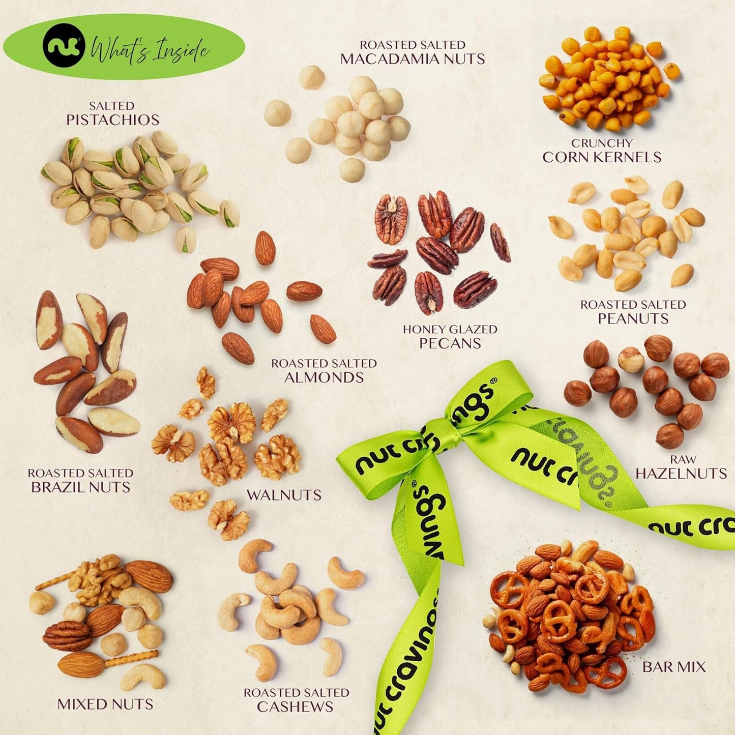 NUT CRAVINGS Gourmet Collection - Thinking of You, Nuts Gift Basket with Thinking of You Ribbon + Greeting Card in Reusable Wooden Tray (12 Assortments) Food Arrangement, Healthy Snack, Food Assortments