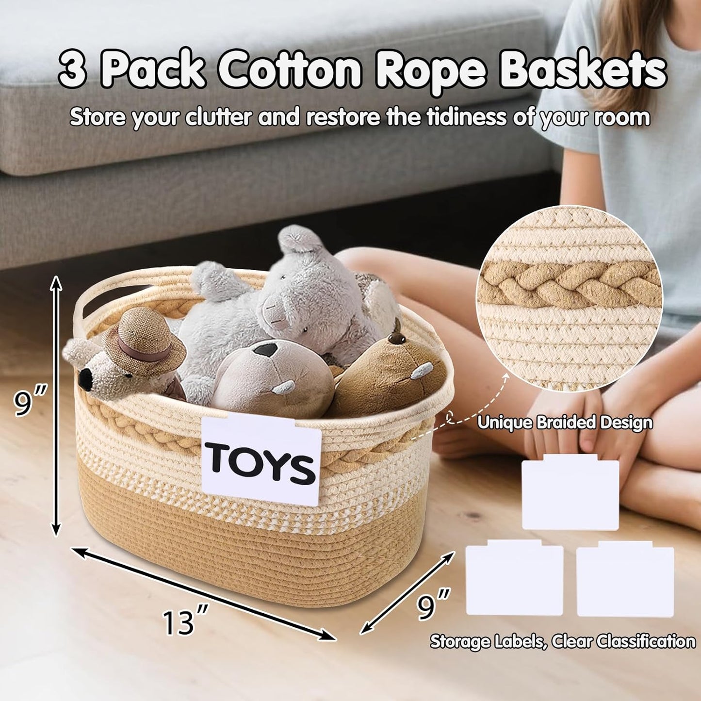 Woven Storage Basket, 3 Pack Beige Rope Basket for Shelves, HandWoven Cotton Rope Basket with Built-in Handles and Labels for Bathroom, Bedroom, Laundry, Pantry, Shelves