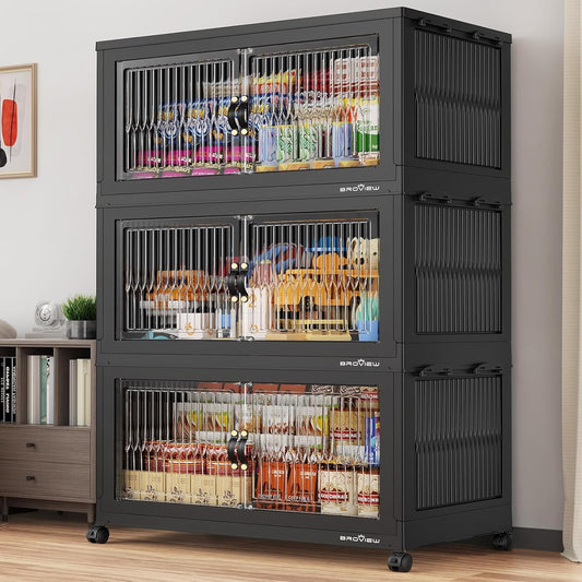600Qt Extra Large Stackable Storage Bins with Lid, Closet Organizer Collapsible Drawer Boxes with Wheels, Folding Plastic Cabinet Containers for Home Kitchen Room Organization, 3Pack Black