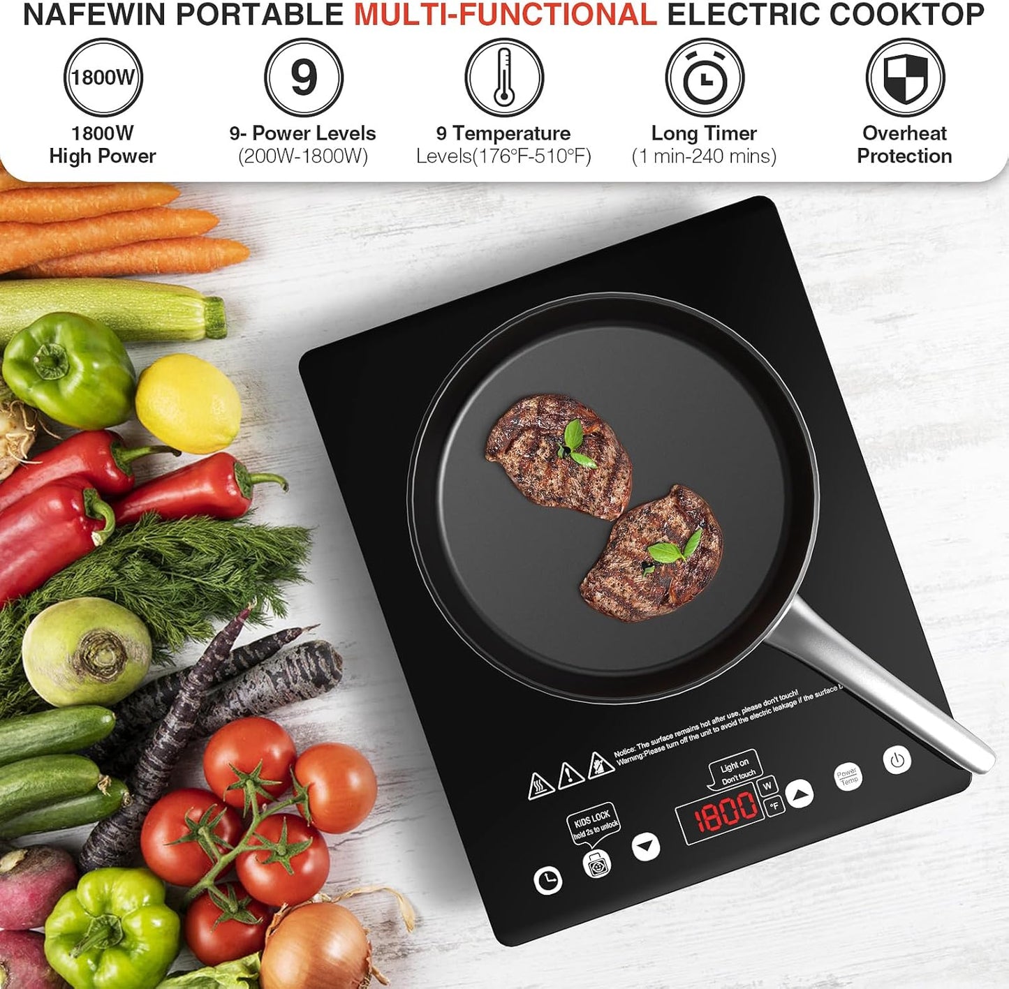 Single Burner Electric Cooktop 1800W - 110V Electric Stove Top Burner Portable Stove with Touch Control 9 Power Level - Induction Cooktop with Child Safety Lock Timer for Home Camping