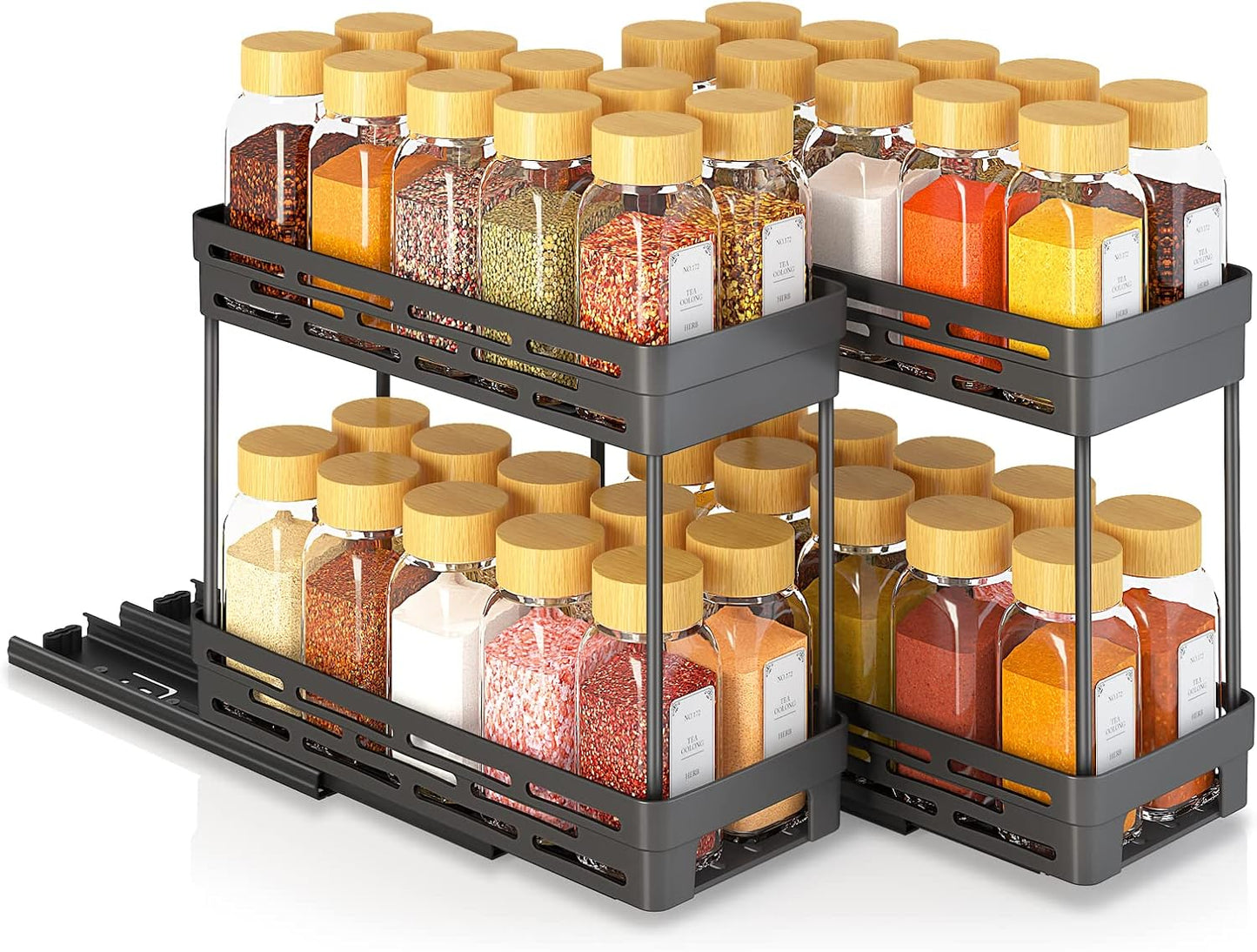 2 Pack Pull Out Spice Rack Organizer for Cabinet, 2Tier Slide Out Spice Racks Organizer, Spice Cabinet Organizers, Cabinet Size Need:12'' Highx11'' Deepx5'' Wide, Upgraded-Black