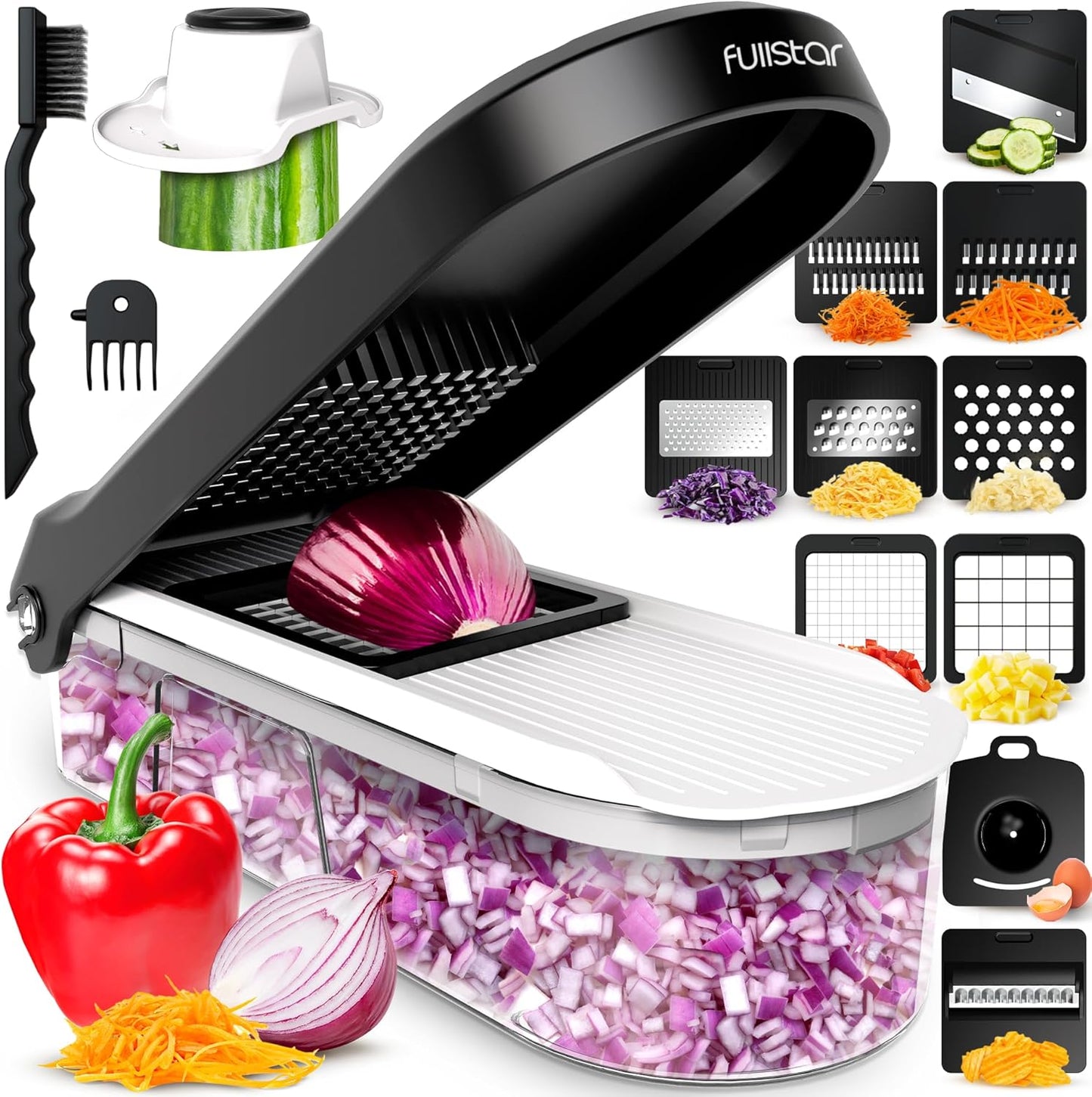 Fullstar Mandoline Slicer for Kitchen - Vegetable Chopper, Onion Potato Food Veggie Fruit Slicer and Cutter with Container, Kitchen Gadgets & Accessories, Home Essentials (10-in-1, White/Black)