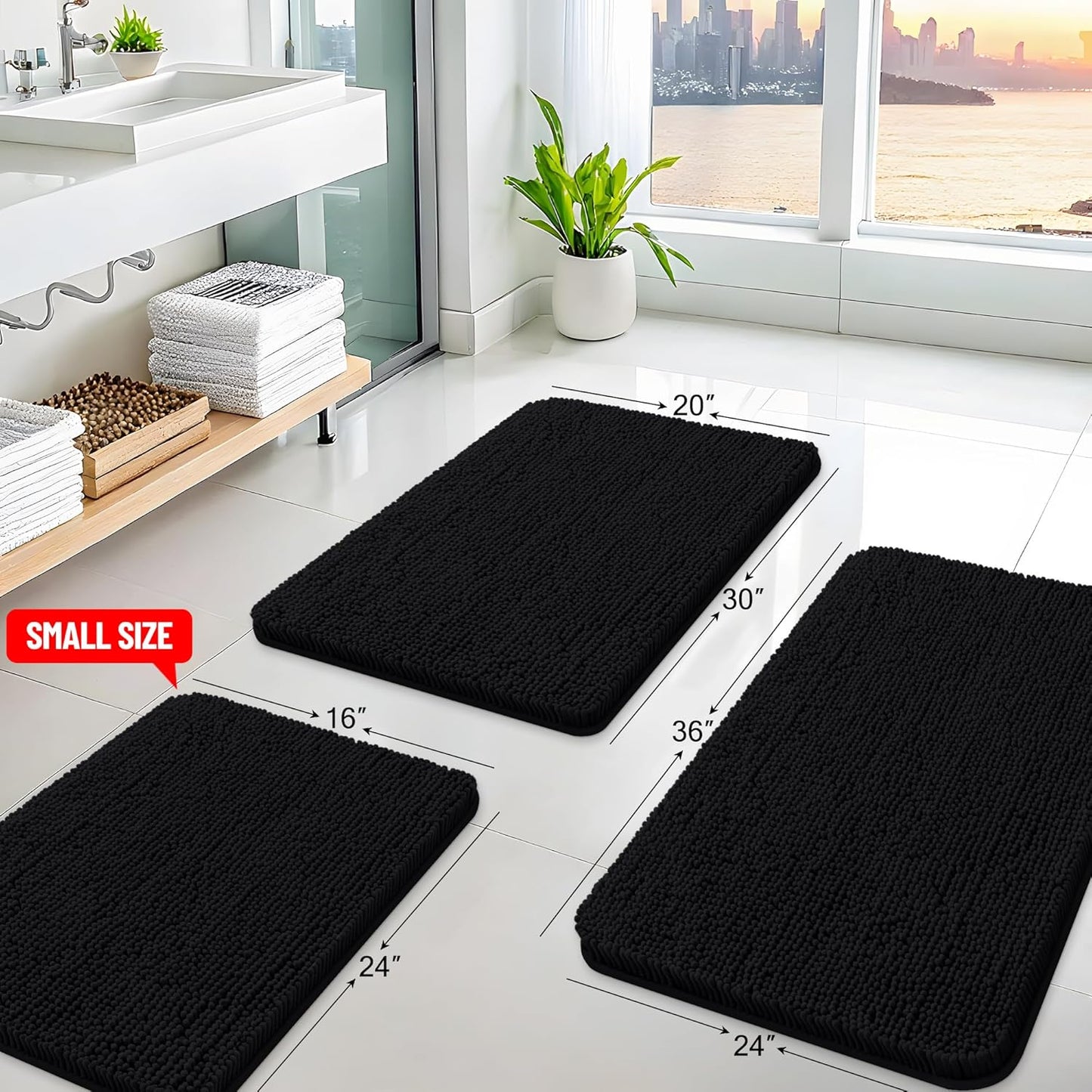 Arotive Bathroom Rugs 70x24, Extra Soft Absorbent Shaggy Chenille Bath Rugs, Machine Washable Rubber Backing Non-Slip Bath Mats for Bathroom Floor Tub and Shower, Home Decor Accessories, Black