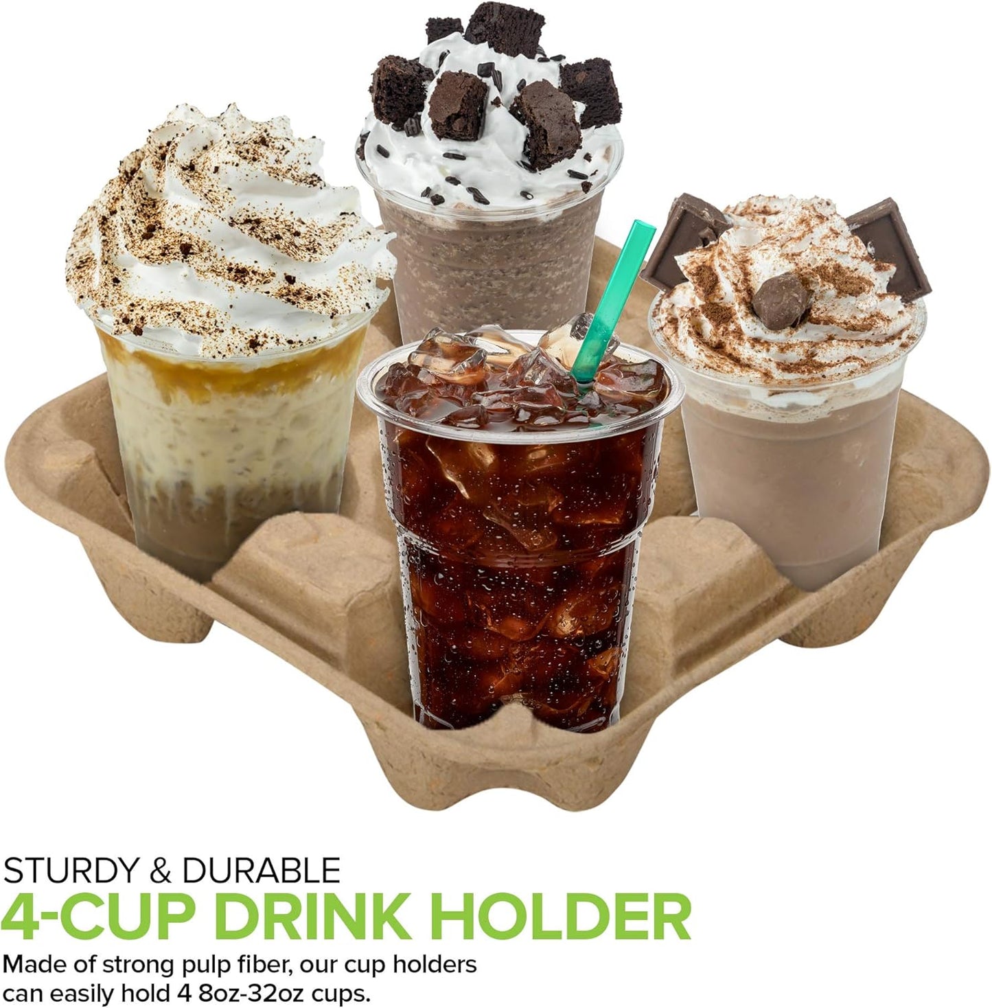 4 Cup Disposable Coffee Tray (300 Count), Commercially Compostable Cup Holder, Durable Drink Carrier for Hot or Cold Drinks, to Go Coffee Cup Holder for Food Delivery Service