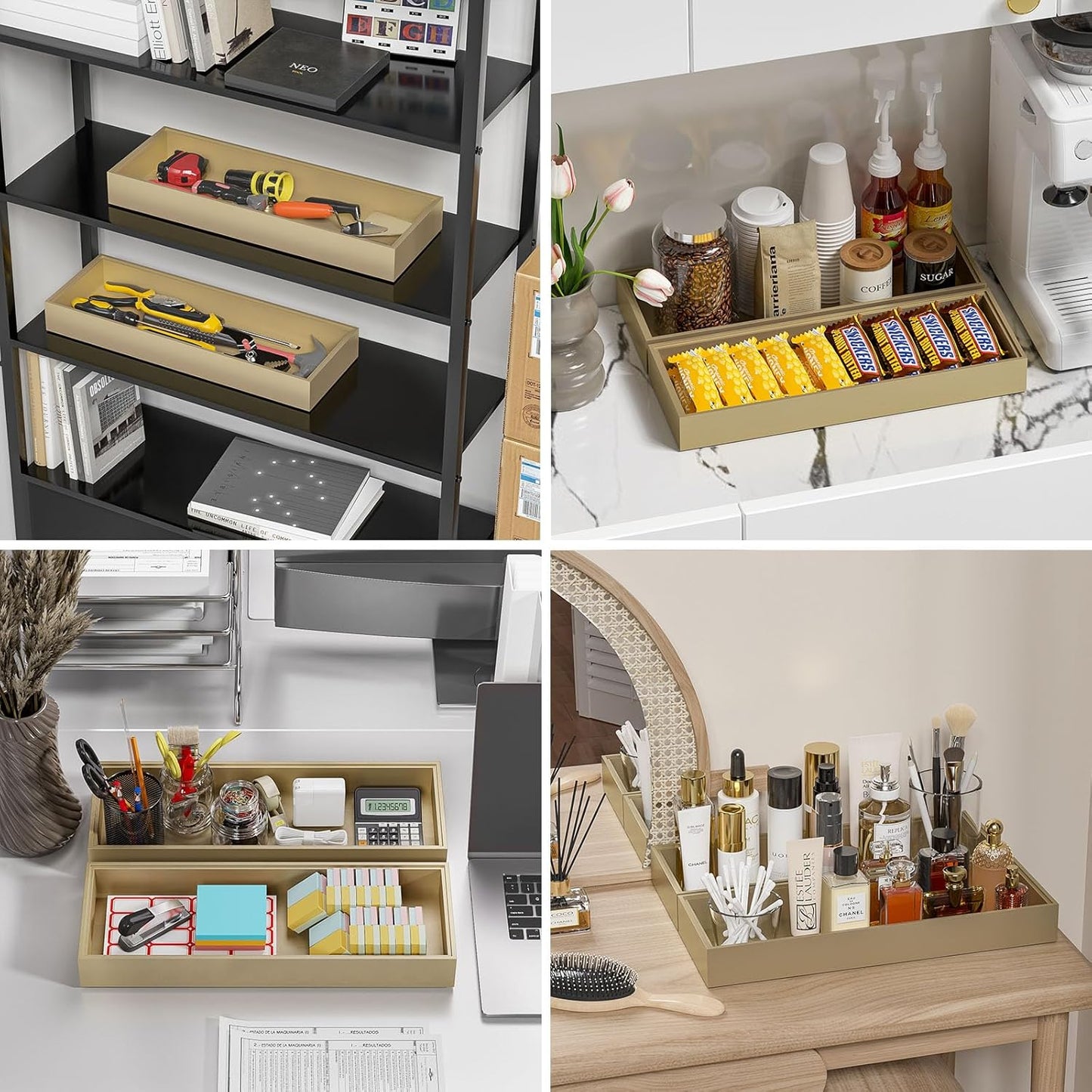 Bamboo Drawer Organizer - Extra Large Silverware & Utensil Organizer, 2 Pcs Toilet Toppers, Wooden Toilet Paper Basket (Gold, 17 X 6 X 2 Inch)