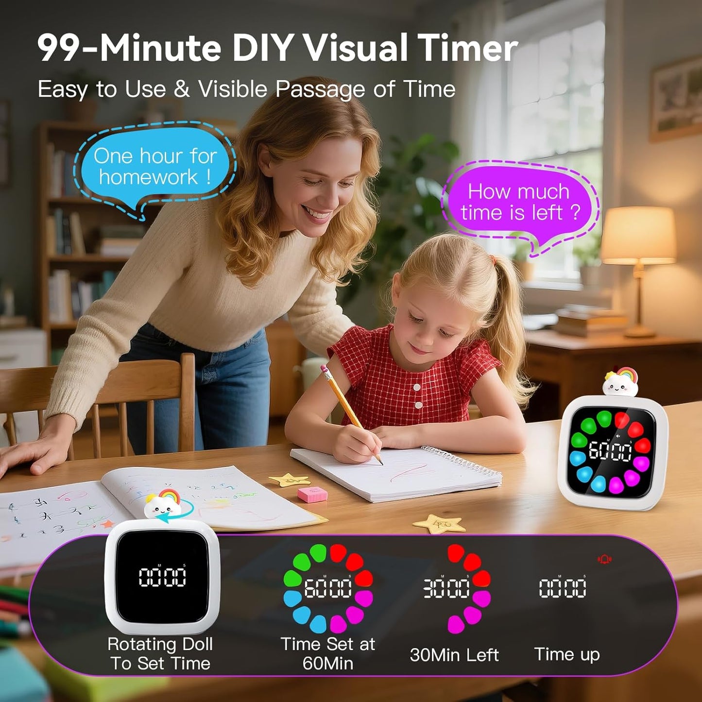 Yunbaoit Digital Visual Timer for Kids, Rechargeable 99-Minute Silent Countdown Timer with 19 Ringtones, 9 Optional DIY Color Petal Display, Time Management Tool with Pause Function (3 Dolls)