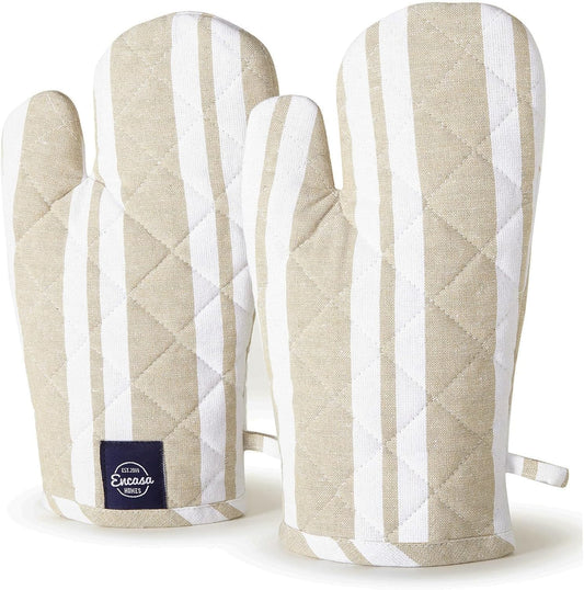 Encasa XO Long 12"x7" Oven Microwave Hand Gloves Mitts (2 pc Set) for Kitchen Cooking & Baking - Heat Resistant, Thick & Safe, Protection of Hands from Hot Utensils - Franca Beige Stripes