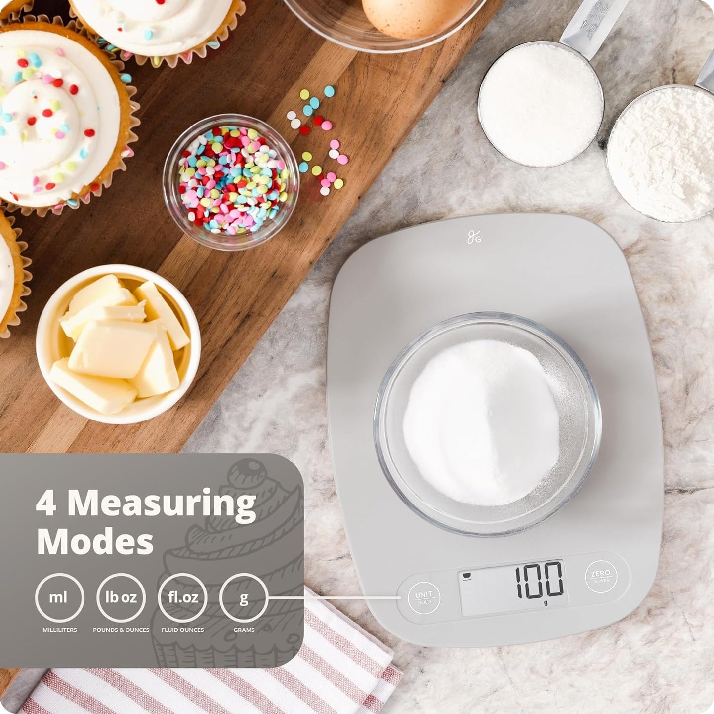 Greater Goods Compact Digital Kitchen Scale – Accurate Food Scale for Baking, Meal Prep, 4 Measuring Units, 11lb/5kg