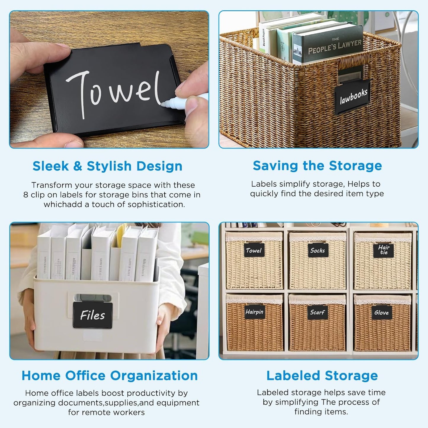 Metal Pantry Baskets Labels Clip On for Storage Bins | Edge Fold-Cream (Edge Fold-Black, 8 Metal Label Clip)