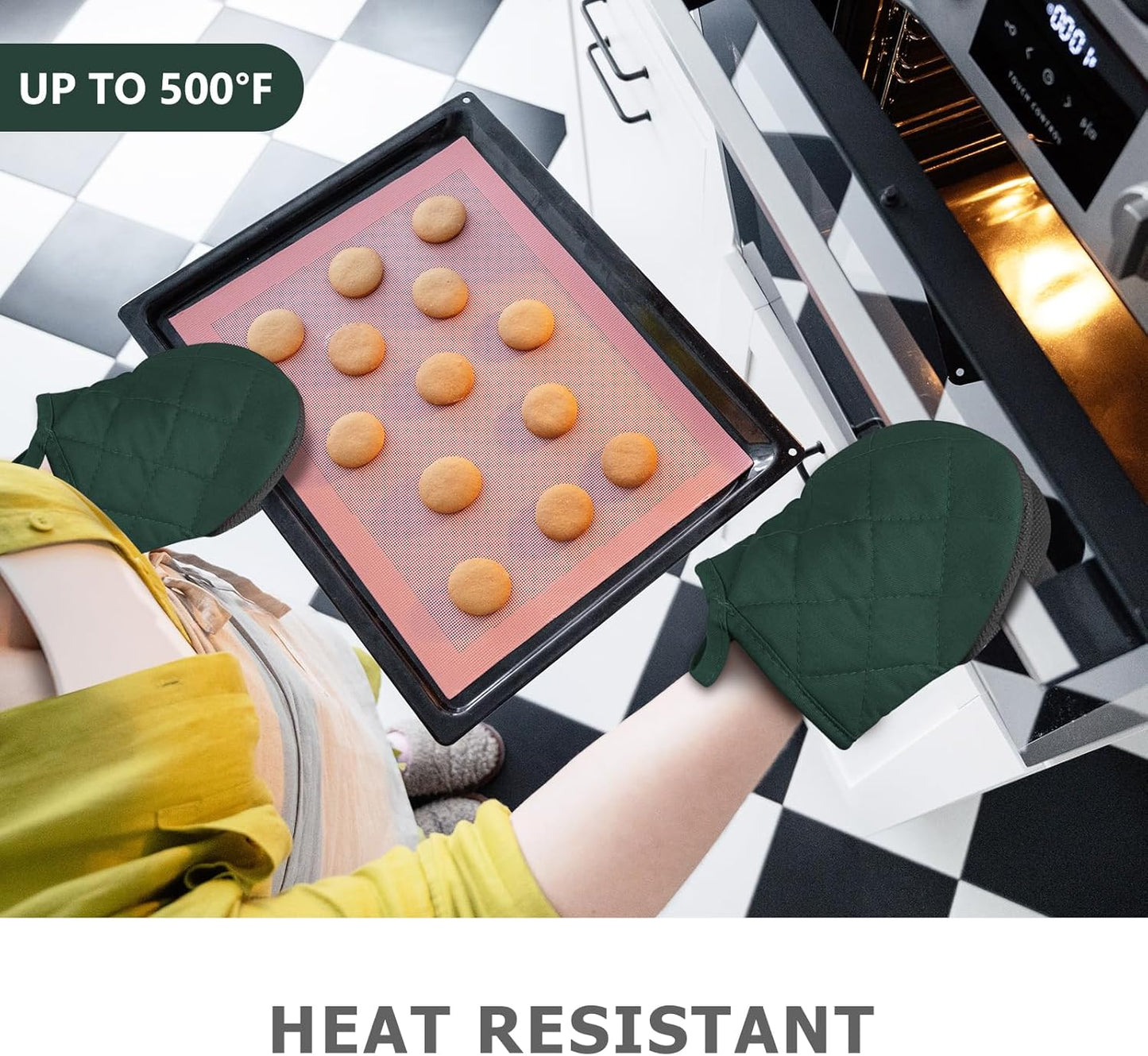 1 Pair Short Oven Mitts - Silicone Kitchen Oven Gloves High Heat Resistant 500℉, Mini Oven Mits with Non-Slip Grip Surfaces and Hanging Loop for BBQ, Baking, Cooking and Grilling (ArmyGreen)