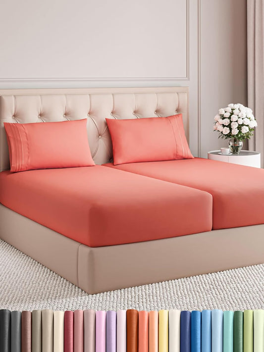 Split King Size 5 Piece Sheet Set - Comfy Breathable & Cooling Bed Sheets Set - Hotel Luxury Bedding for Women, Men, Kids, Teens, Boys & Girls - Deep Pockets, Soft and Wrinkle Free - Oeko-Tex - Coral