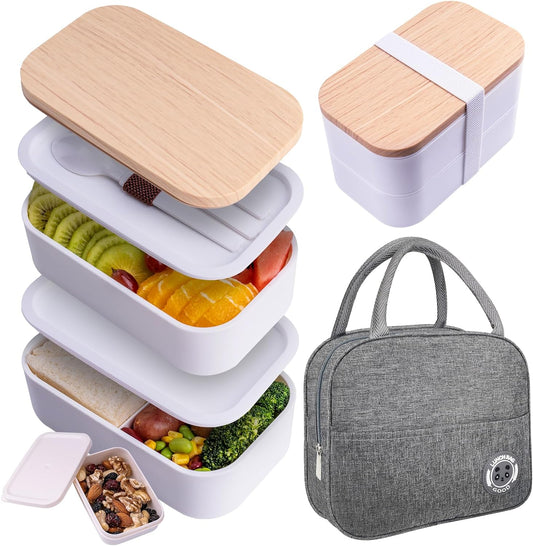 Bento Box with Lunch Bag Microwavable All-in-One Meal Prep Compartment Lunch Containers with Utensils Leak Resistant Lunch Box with Sauce Container 60oz White