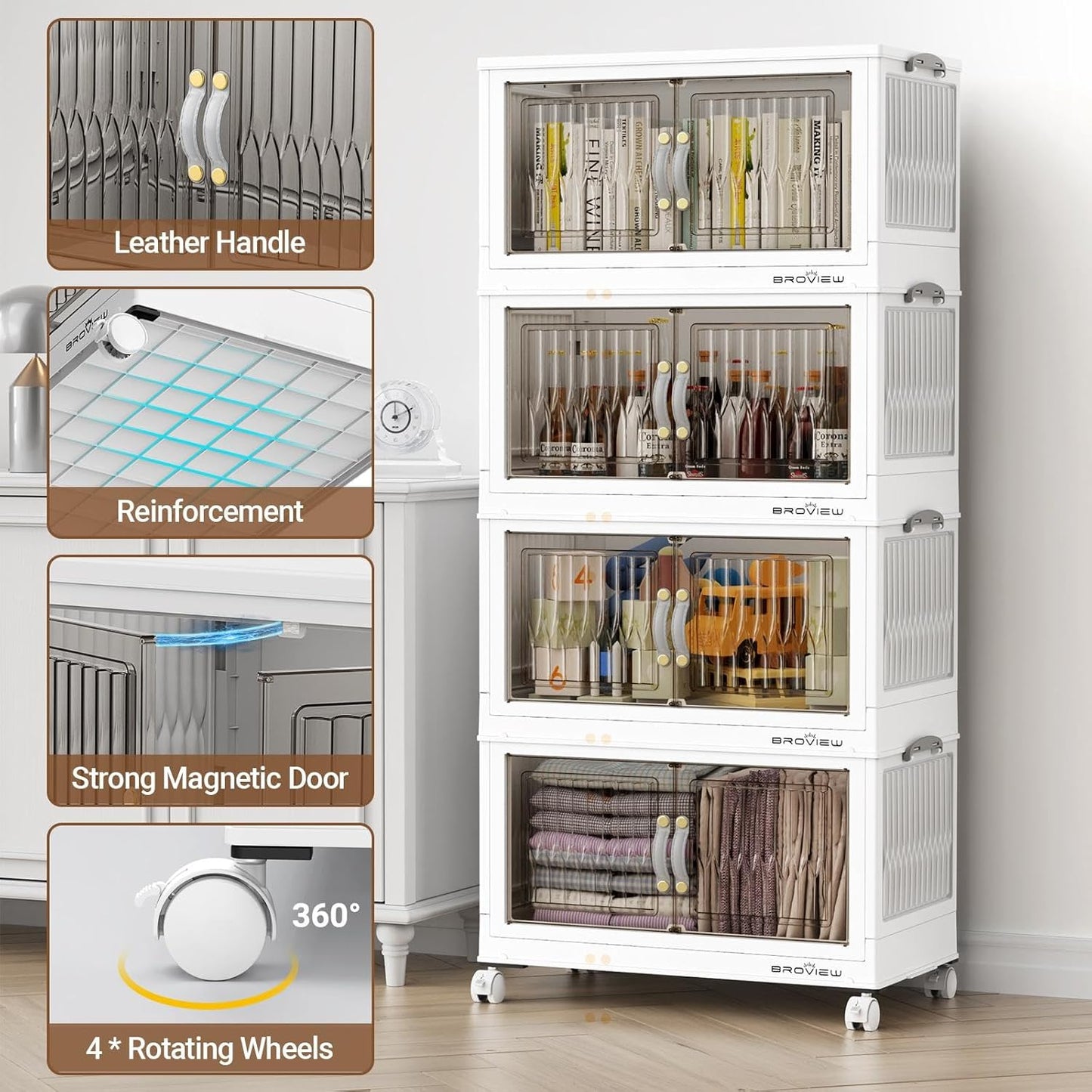 300Qt Stackable Storage Bins with Lid, Extra Large Closet Organizer Collapsible Drawer Boxes with Wheels, Folding Plastic Cabinet Containers for Home Kitchen Room Organization, 5Pack White