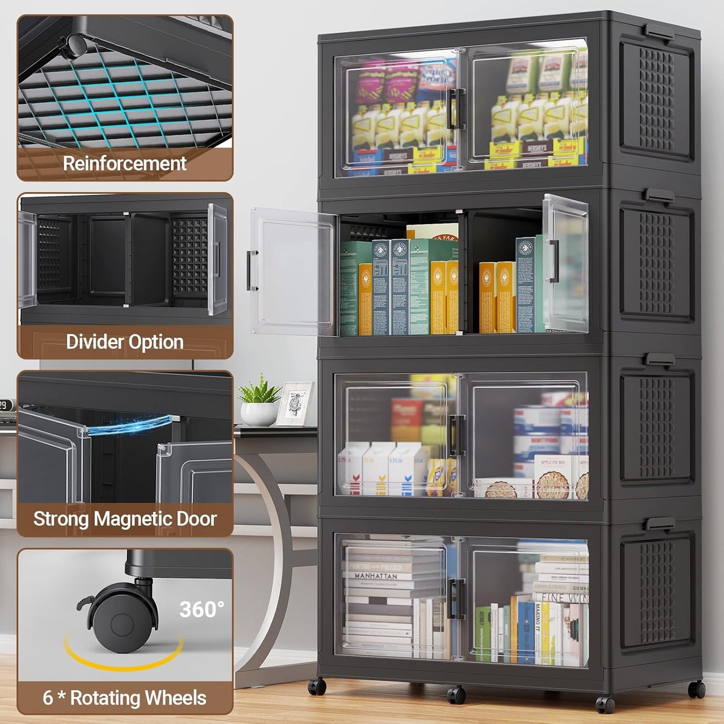 69.3"H 200Gal Plastic Storage Bins with Lid & Wheels,4Pack Extra Large Stackable Storage Bins with Dividers,Closet Organizers and Storage Cabinet Shelves Collapsible Box for Home Kitchen,Black