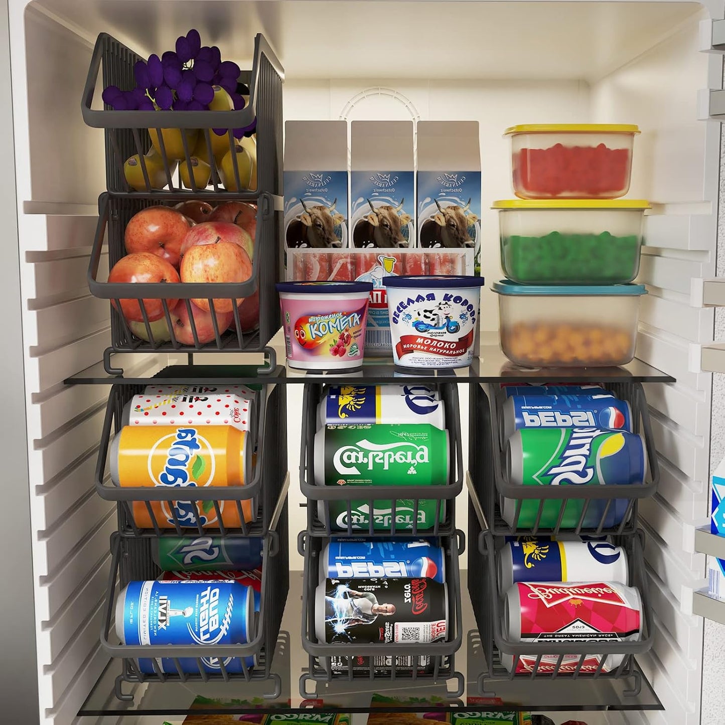 GILLAS 8 Pack Stackable Soda Can Organizer for Refrigerator, Can Holder Dispenser, Canned Food Storage Rack for Fridge, Kitchen, Countertops, Cabinets, Black
