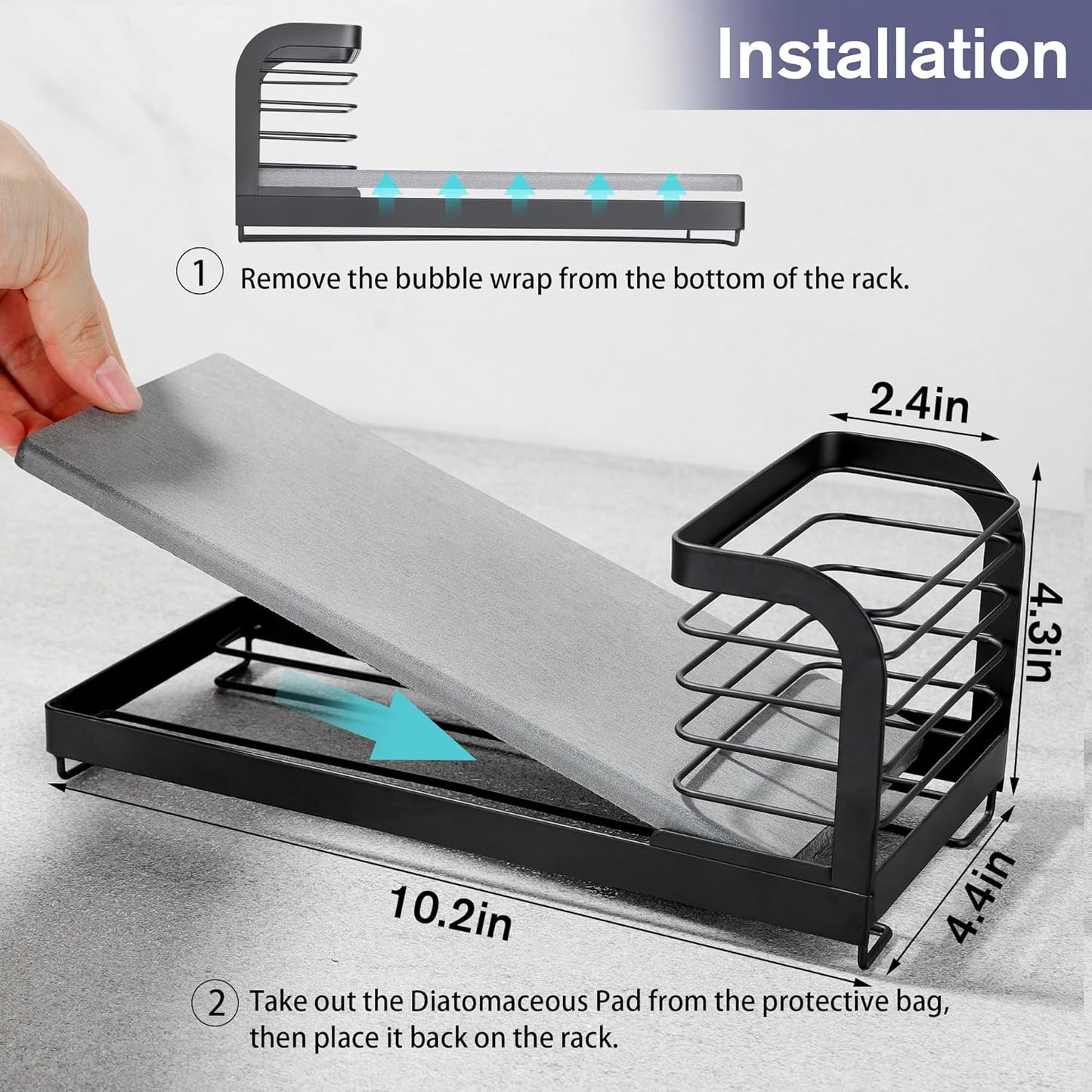 Wipe-Free Sink Organizer with Drying Stone, Instant Dry Sink Caddy Organizers, Kitchen Sponge Soap Holder Dispenser, Countertop Fast Drying Counter Tray Rack