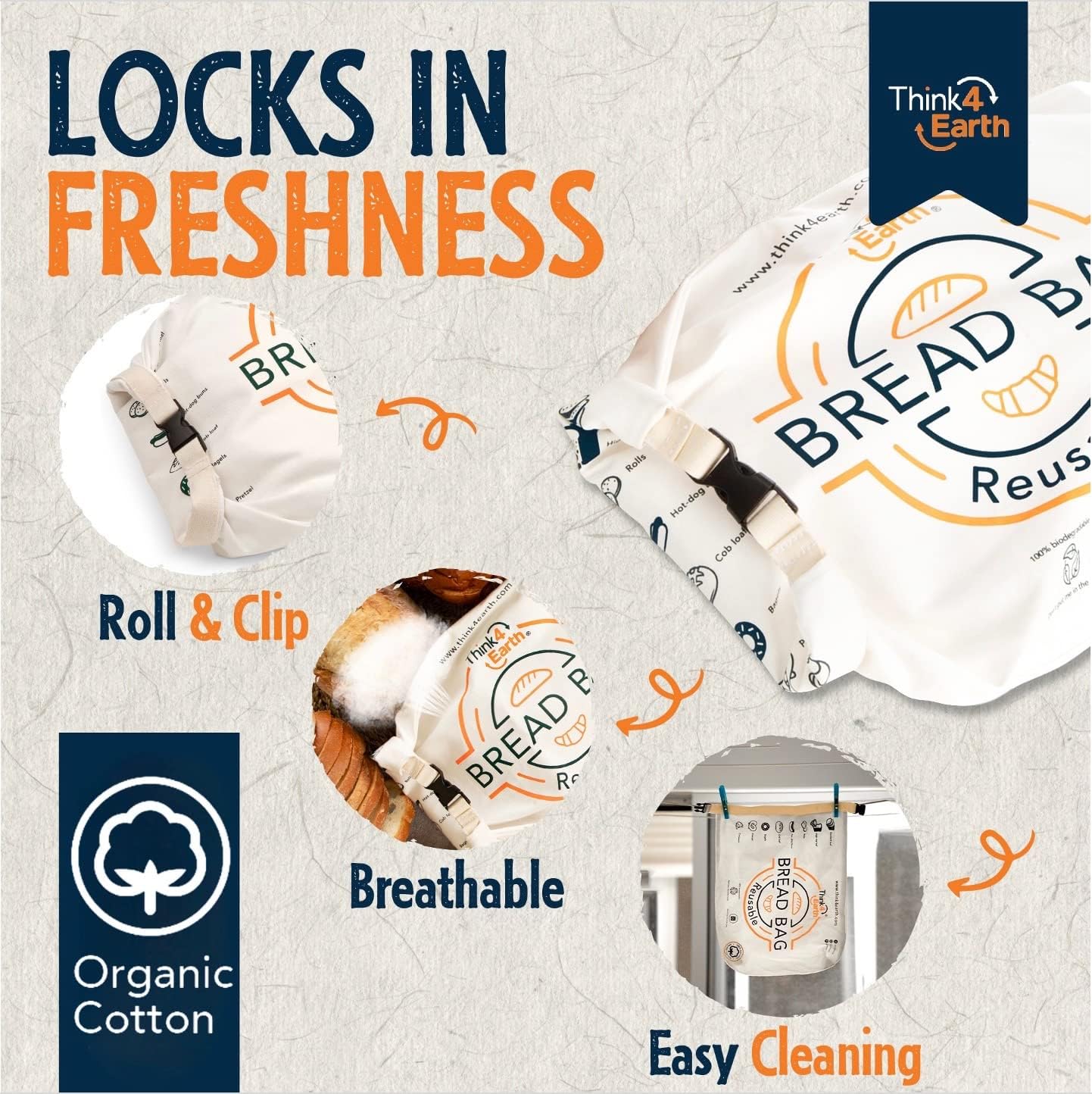 Think4Earth® - Reusable Organic Cotton Bread Bag for Homemade Loaves Large | Premium Quality Storage Bags - Unique Cotton Bags for Sourdough, Safe and Eco-Friendly (2 Units)