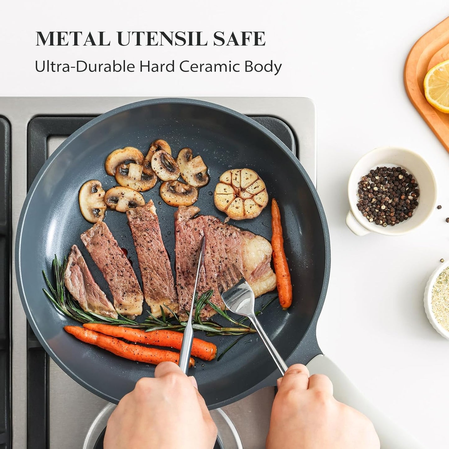 Nonstick Ceramic Frying Pan, 8/10/12 Inch Non Toxic Skillet, Healthy Egg & Omelet & Chef's Pan, PTFE PFOA & PFAS Free, Induction Compatible (10-Inch, Gray)