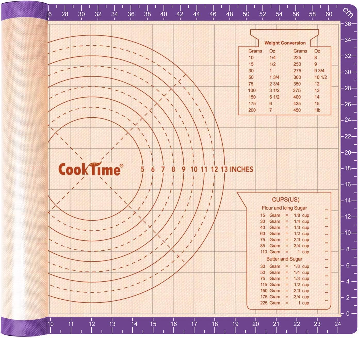 Silicone Pastry Baking Mat Non Stick-Large Rolling Dough with Measurements-Non Slip Pizza,Fondant,Pie,Cake Baking Mat - 26 x 16 Inch By Cook Time(Purple)