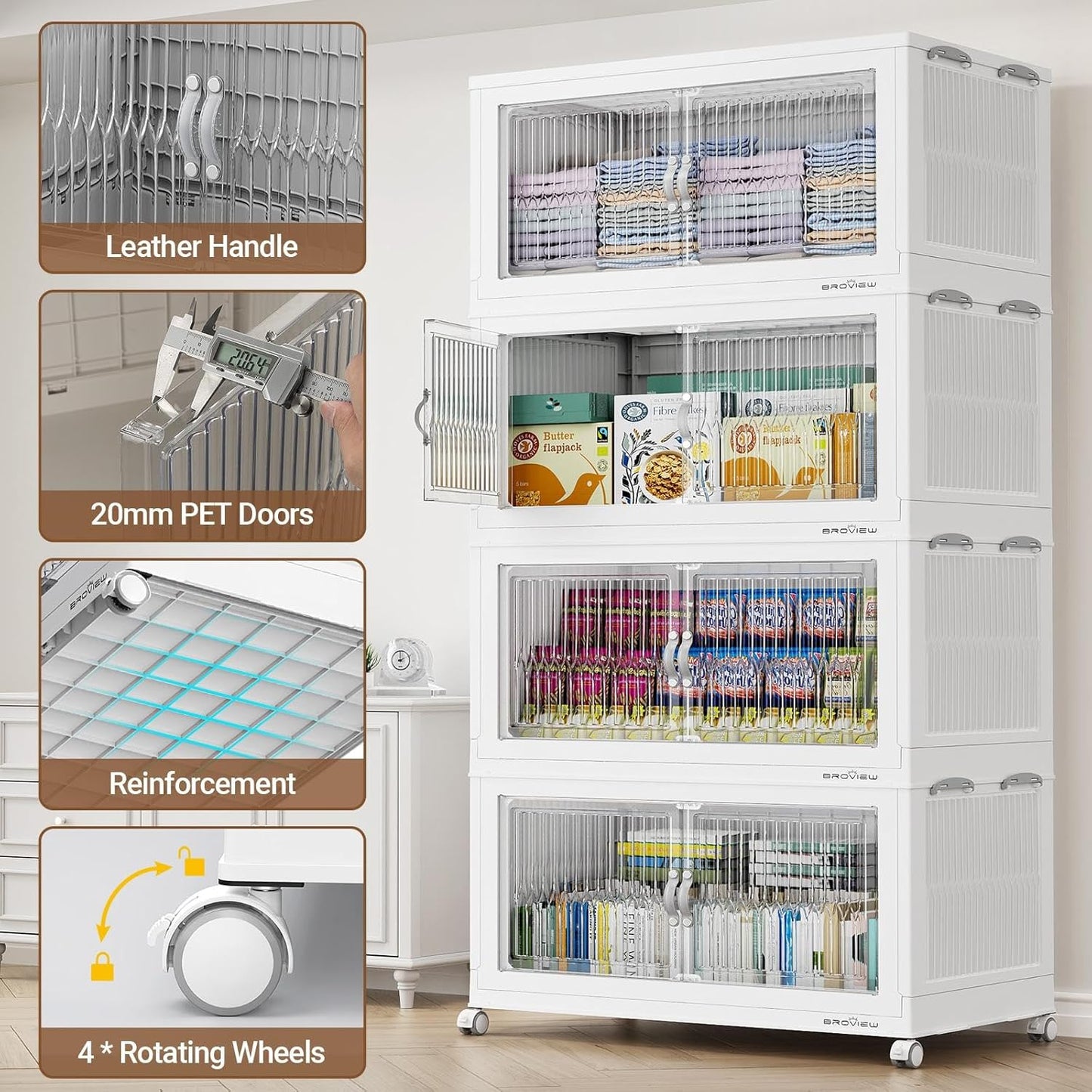 600Qt Extra Large Stackable Storage Bins with Lid, Closet Organizer Collapsible Drawer Boxes with Wheels, Folding Plastic Cabinet Containers for Home Kitchen Room Organization, 3Pack White