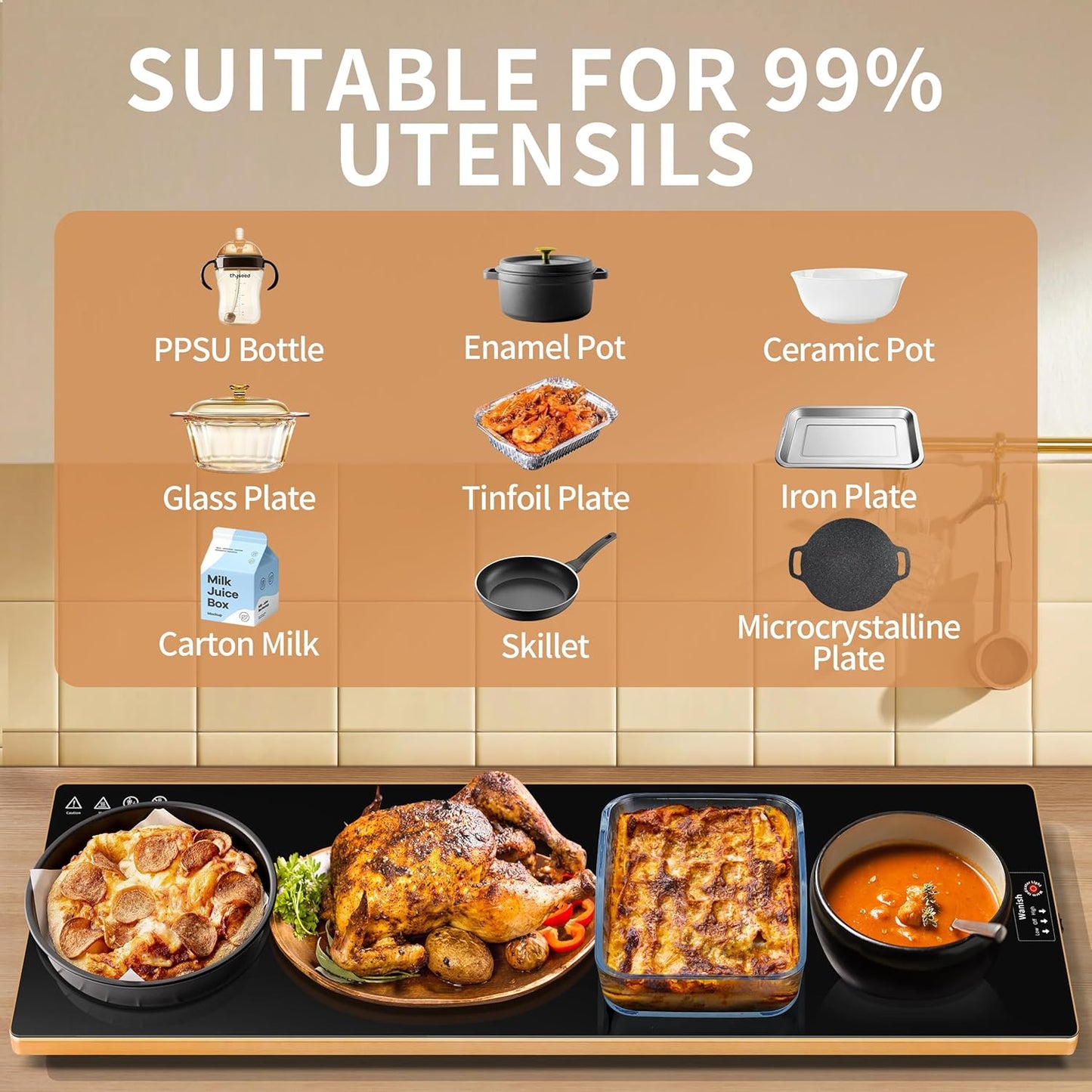 Electric Warming Tray（Extra Long 40”x12”），Food Warmer with Thermostat and Full Surface Heating，Food Warming Mat with 2 Temperature Modes for Parties Buffet，Gatherings，Gold Edge Warming Mat for Food